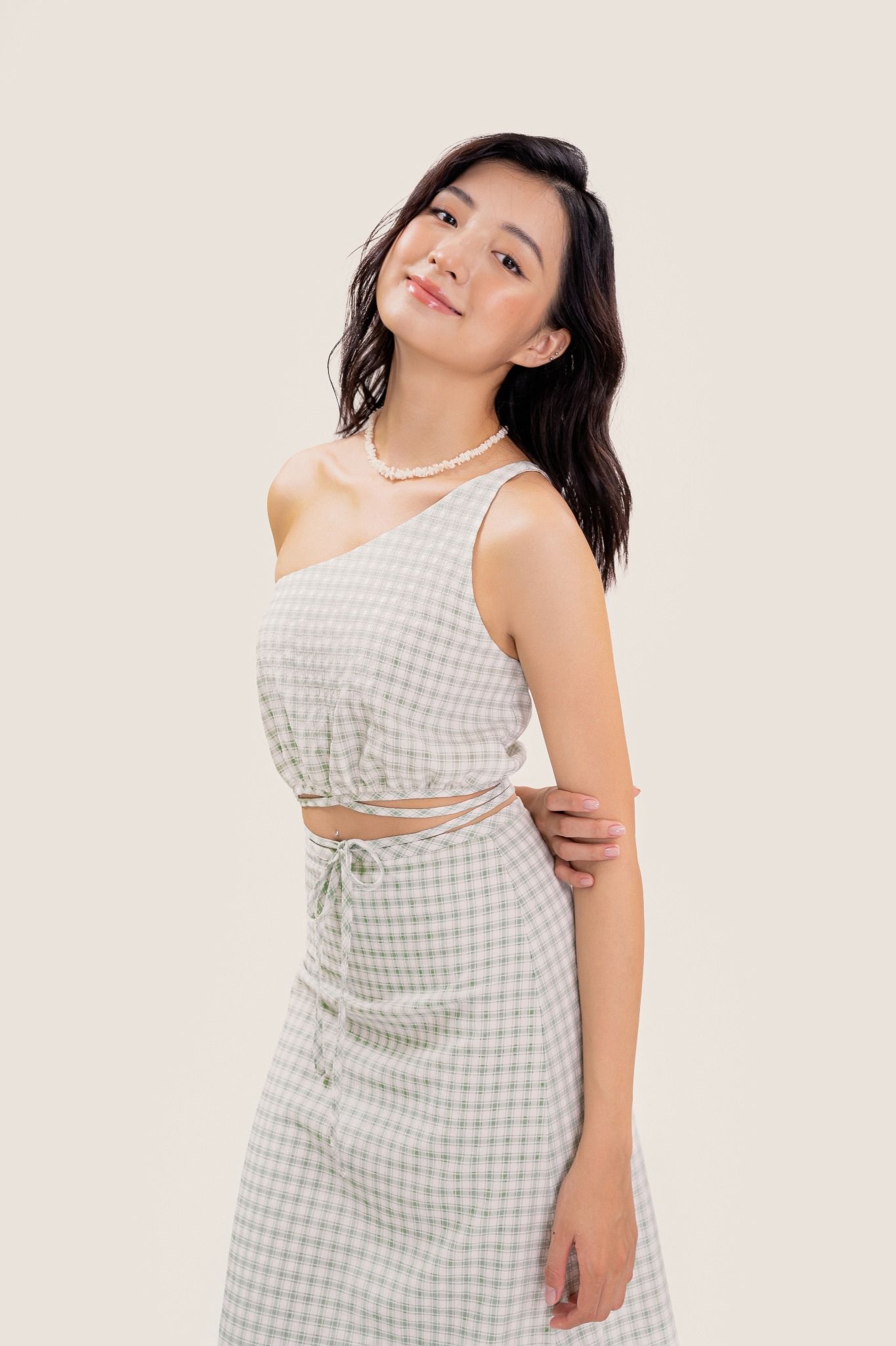  Green Checked One Shoulder Crop Top 