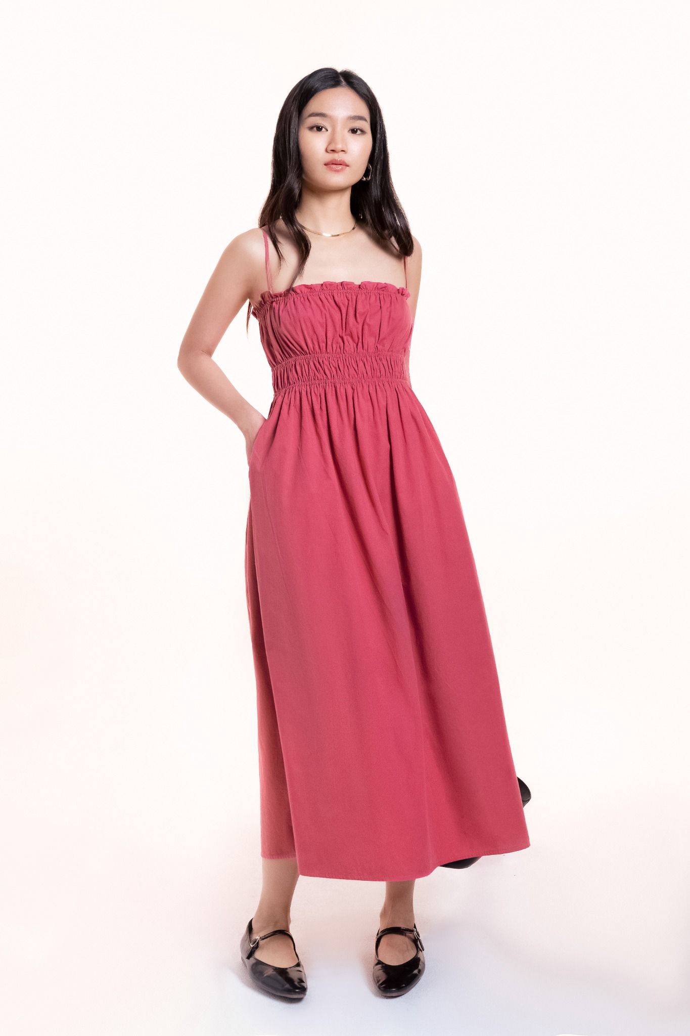  Pink Smock Strappy Midi Dress 