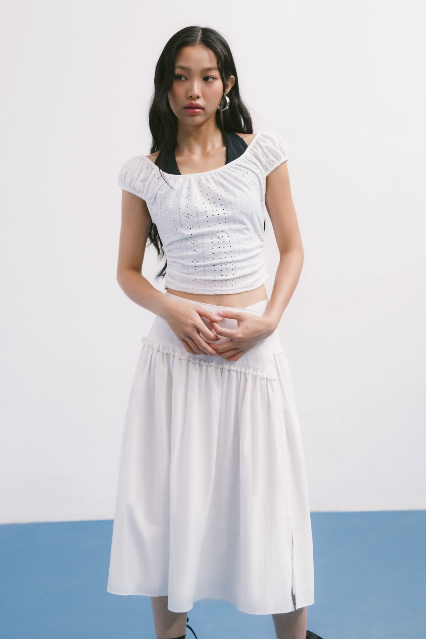  White Eyelet Ruched Top 