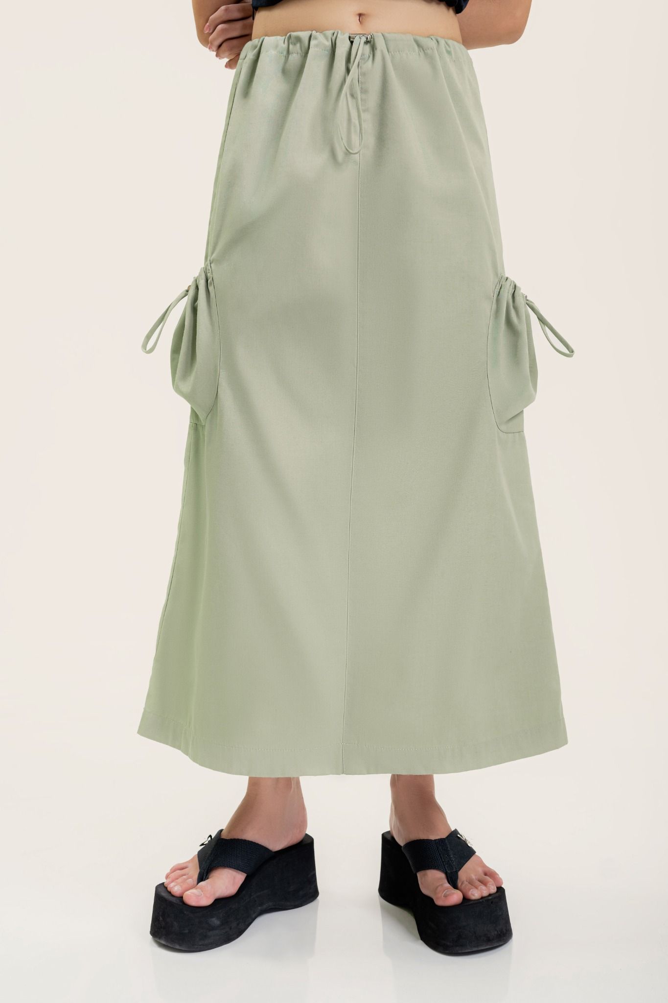  Green Khaki Drawstring Maxi Skirt 