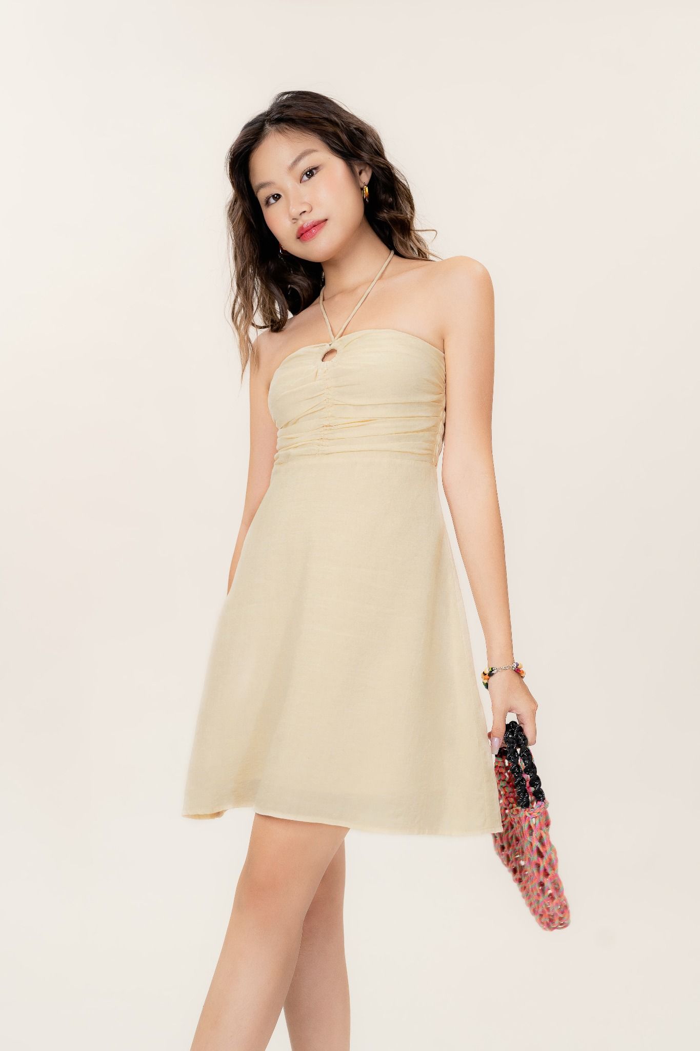  Ivory Keyhole Ruched Mini Dress 