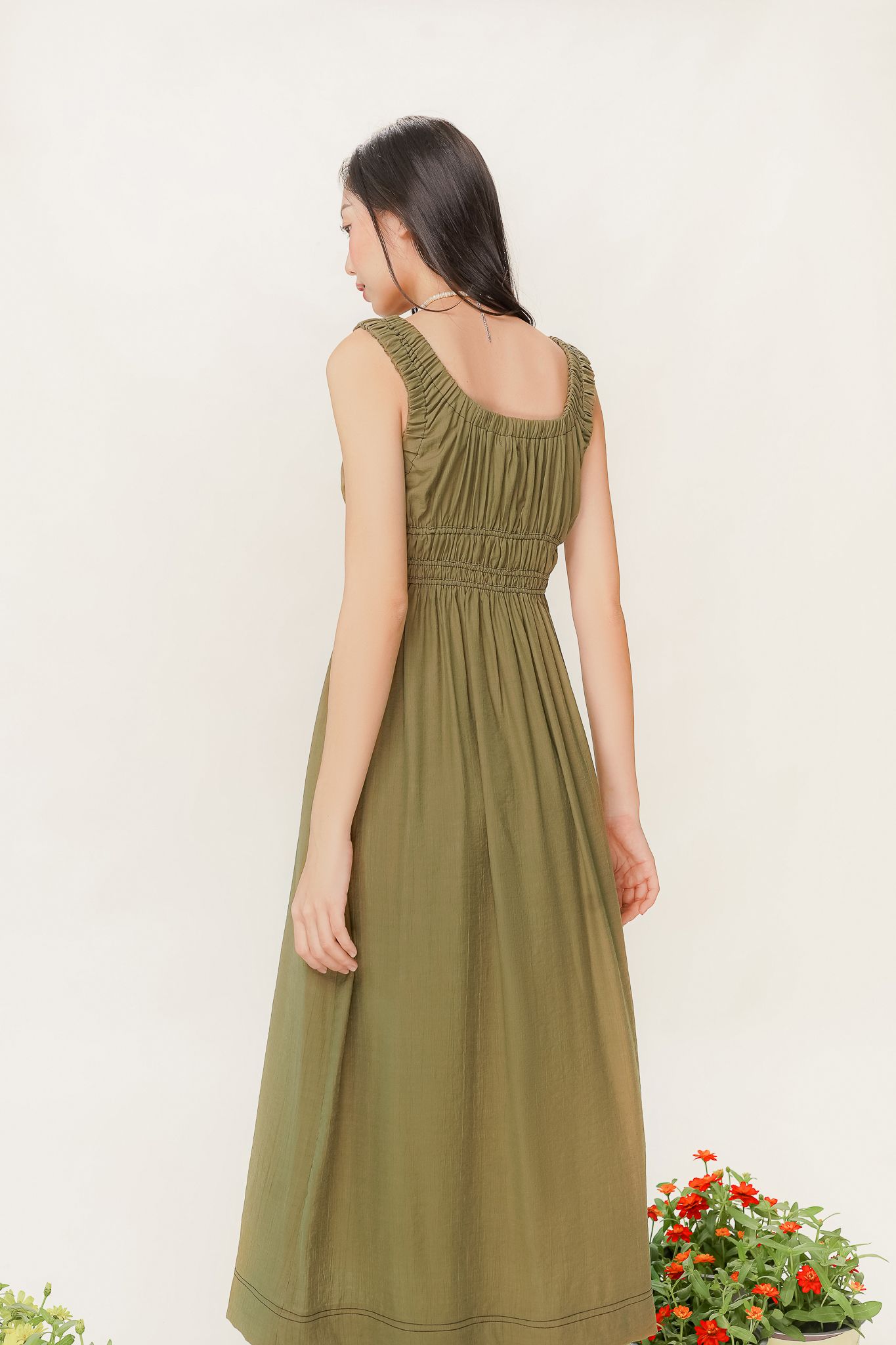  Olive Martini Ruched Midi Dress 