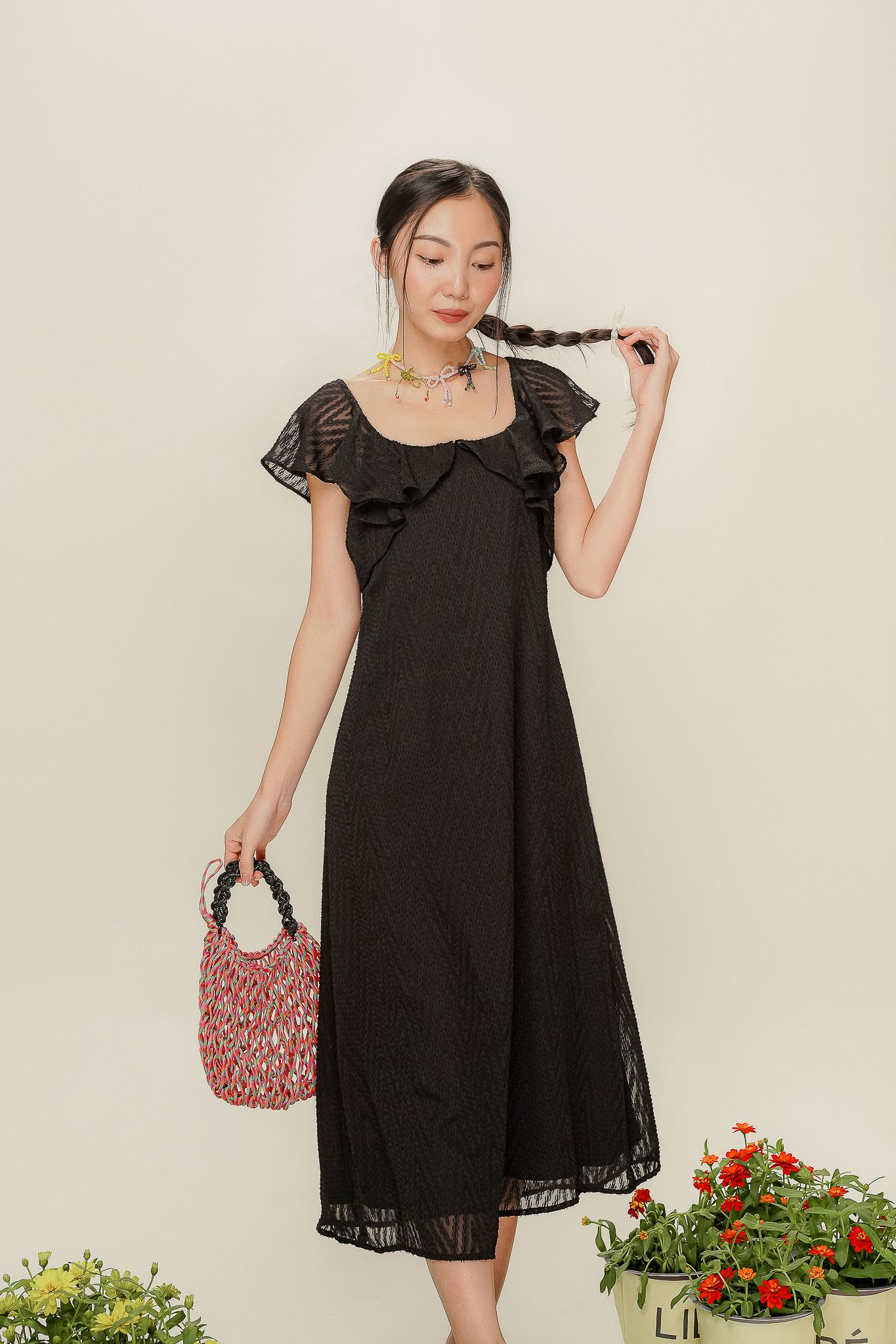  Black Ruffle Sheer Textured Midi Dress 