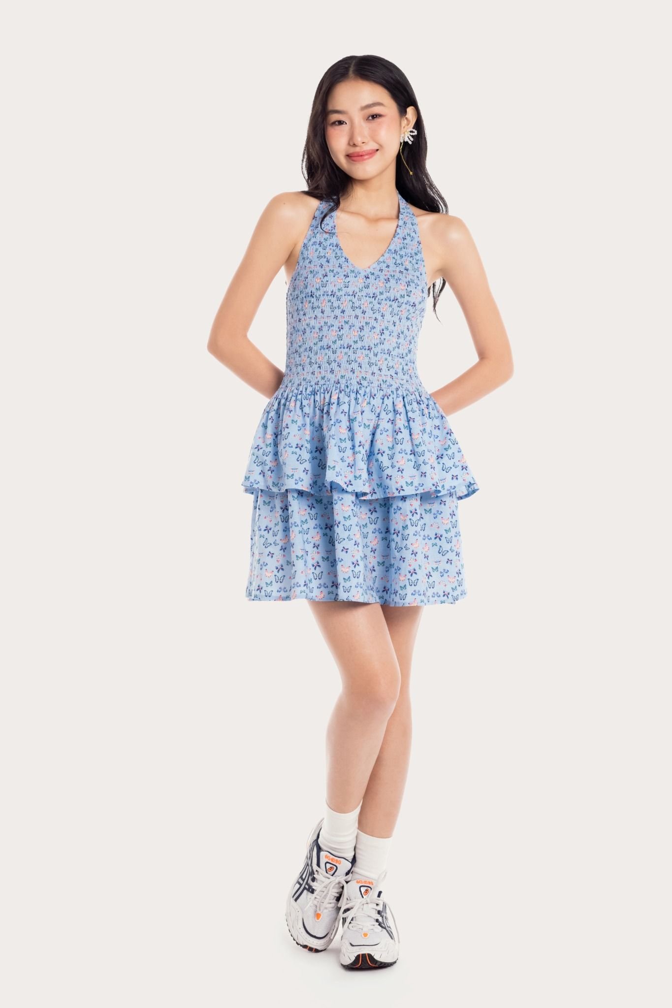  Blue Butterfly Printed Smock Tiered Mini Dress 