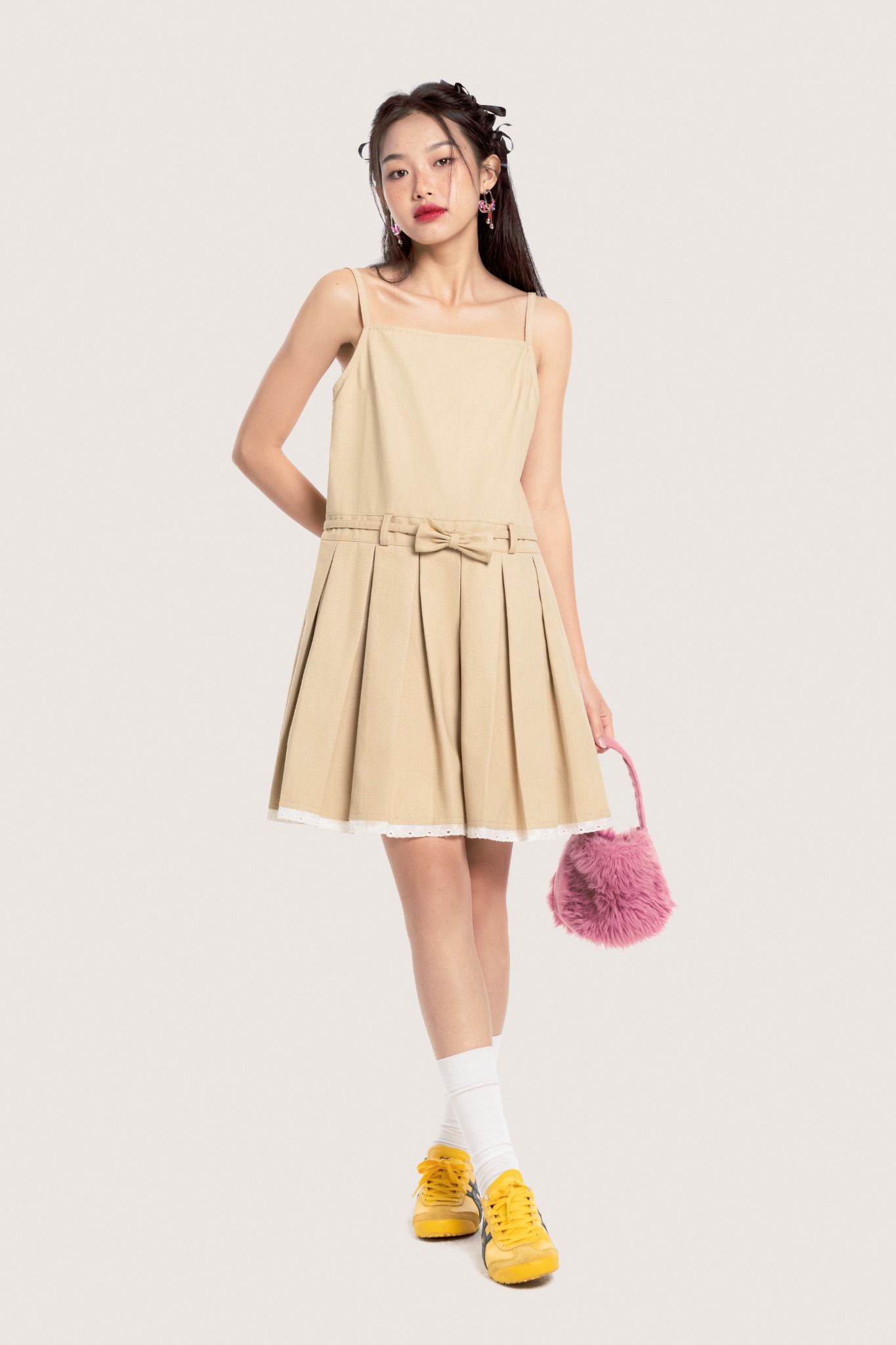  Beige Pleated Lace Trimming Bow Belt Khaki Mini Dress 