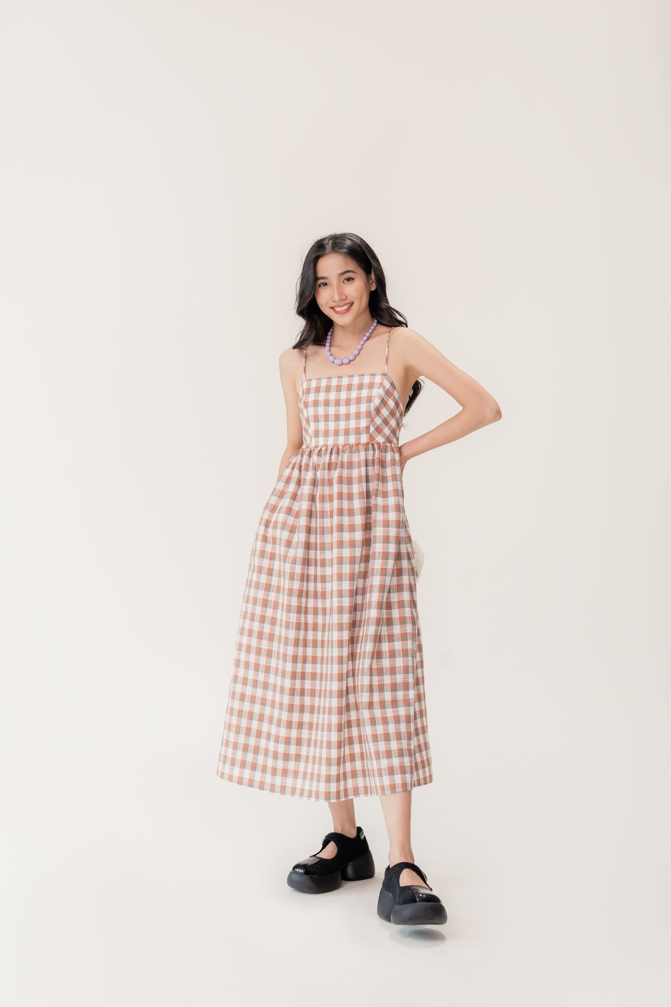  Checked Openback Midi Dress 