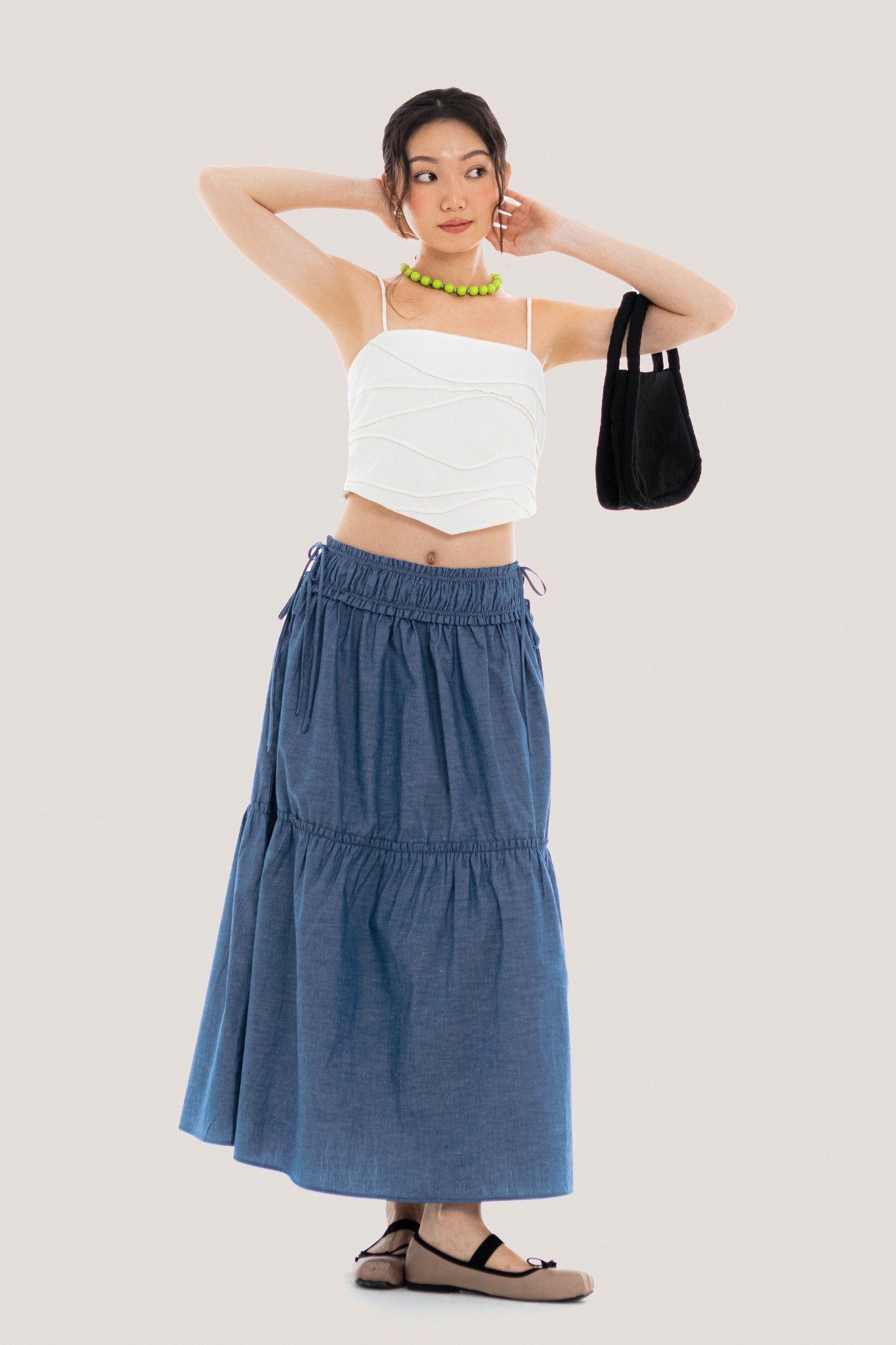  Blue Shirred Waist Bow Side Maxi Skirt 