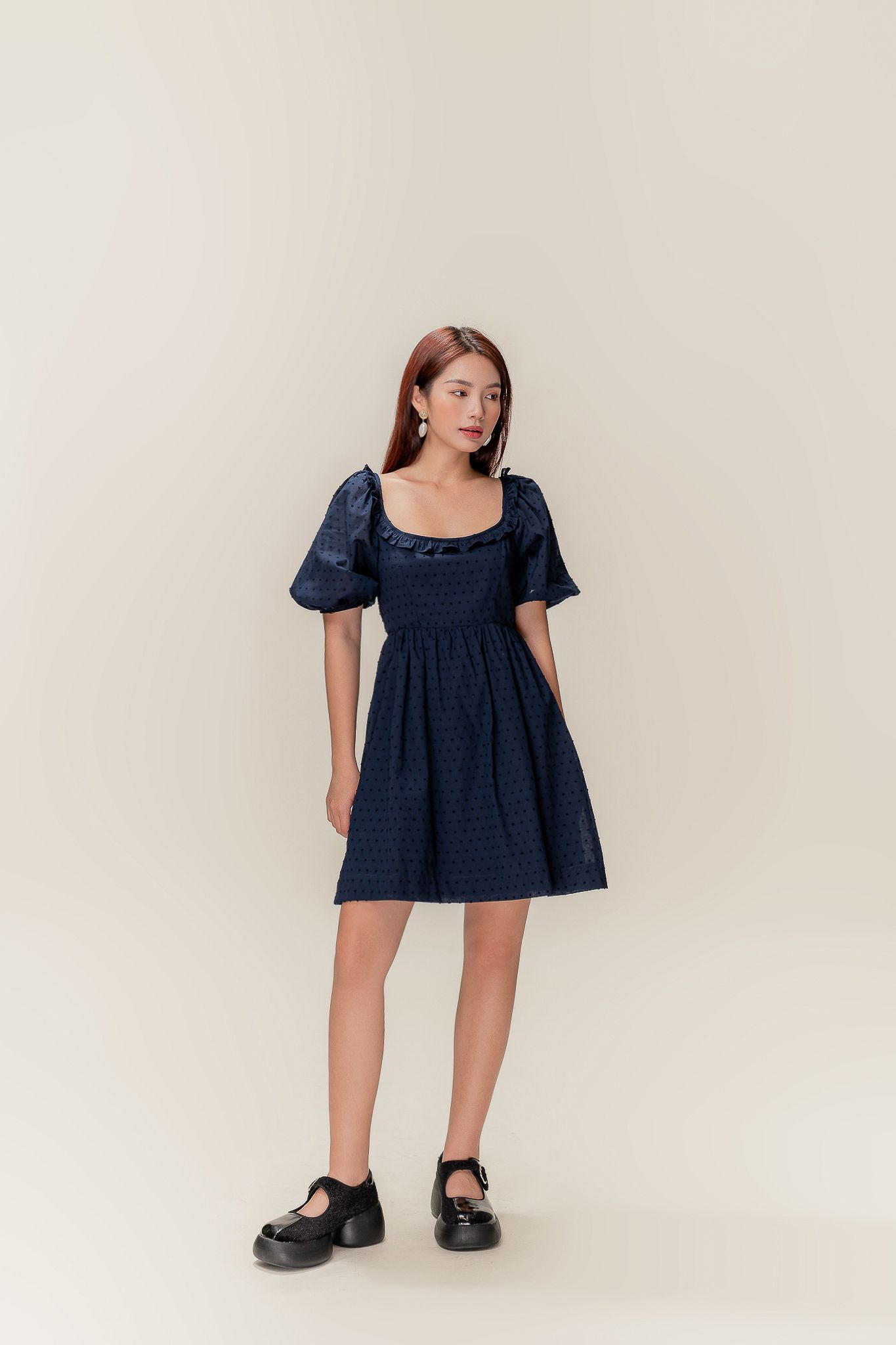  Navy Puff Sleeve Dotted Mini Dress 
