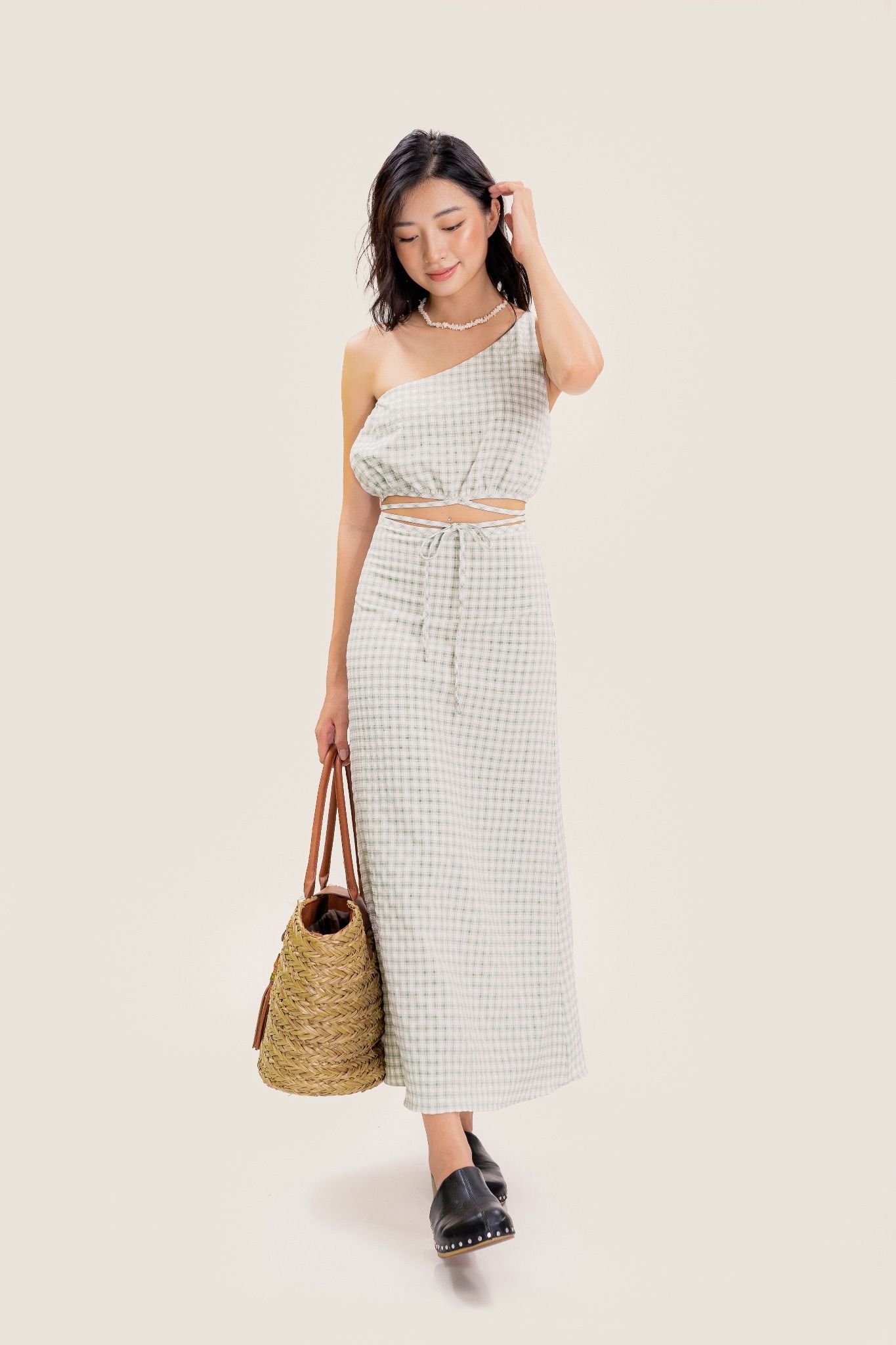  Green Checked A-line Midi Skirt 