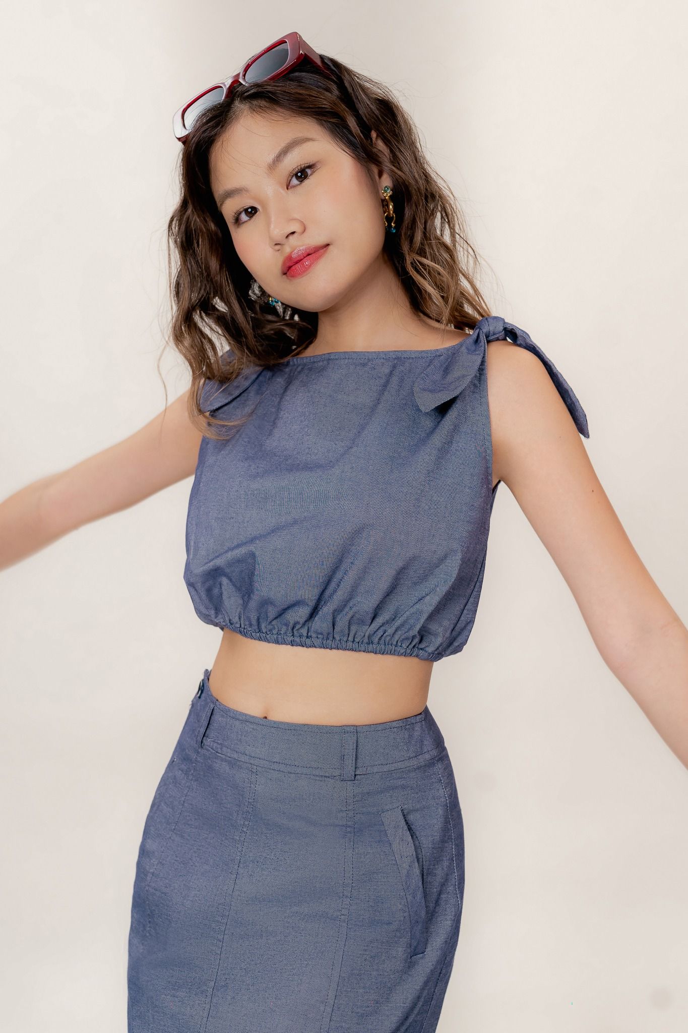  Blue Shoulder Tie Detail Crop Top 