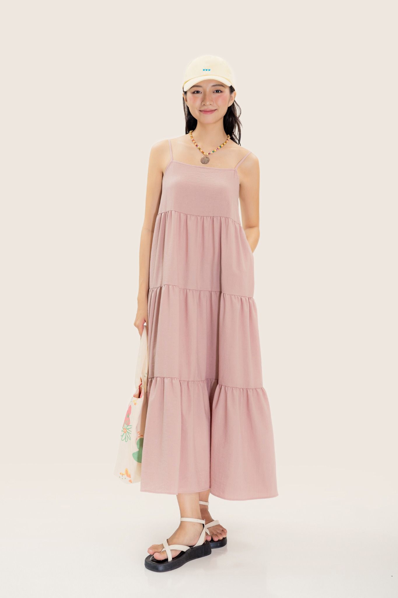 Pink Strappy Tiered Maxi Dress