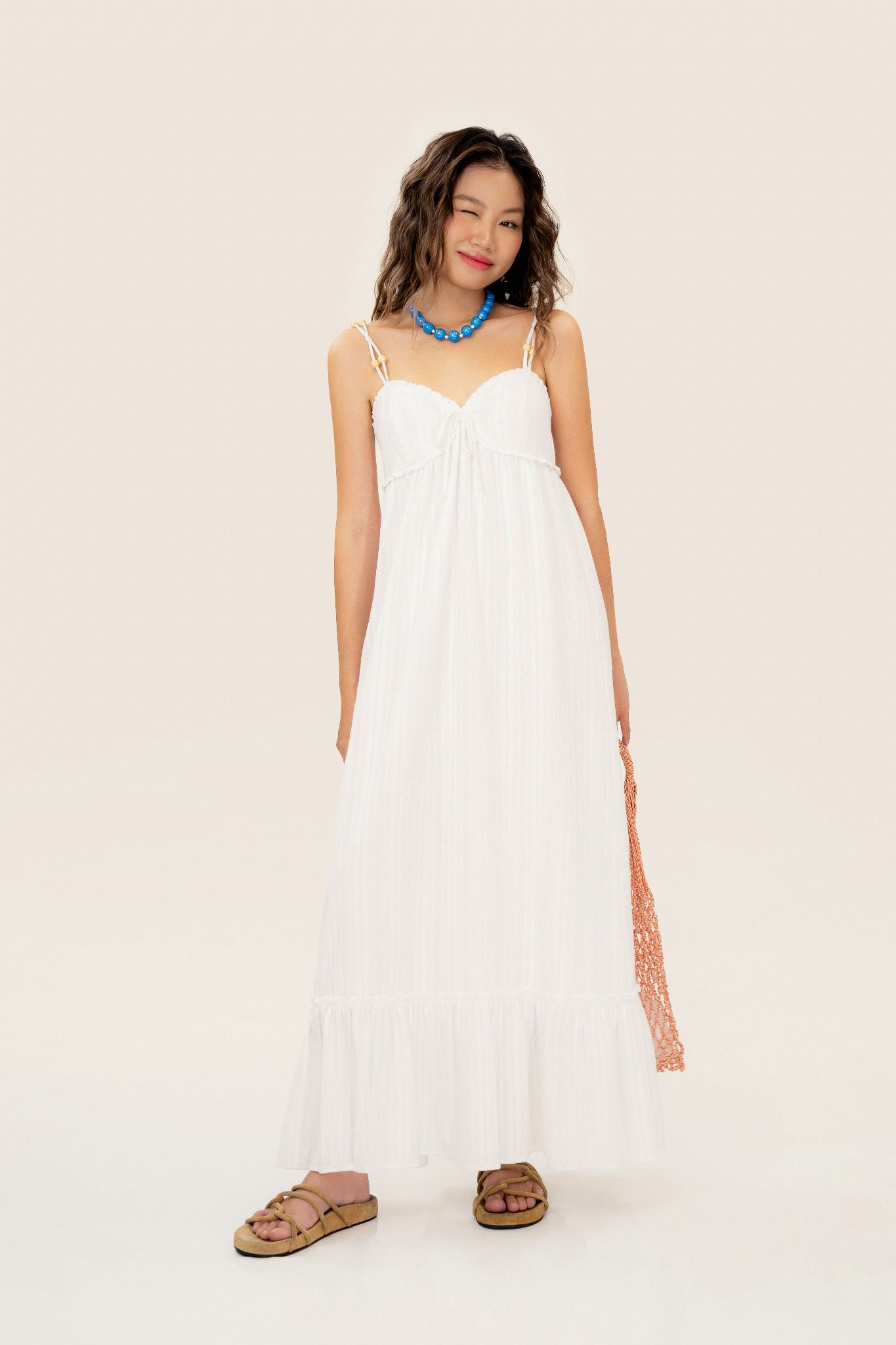  White Wooden Beads Strap Maxi Dress 