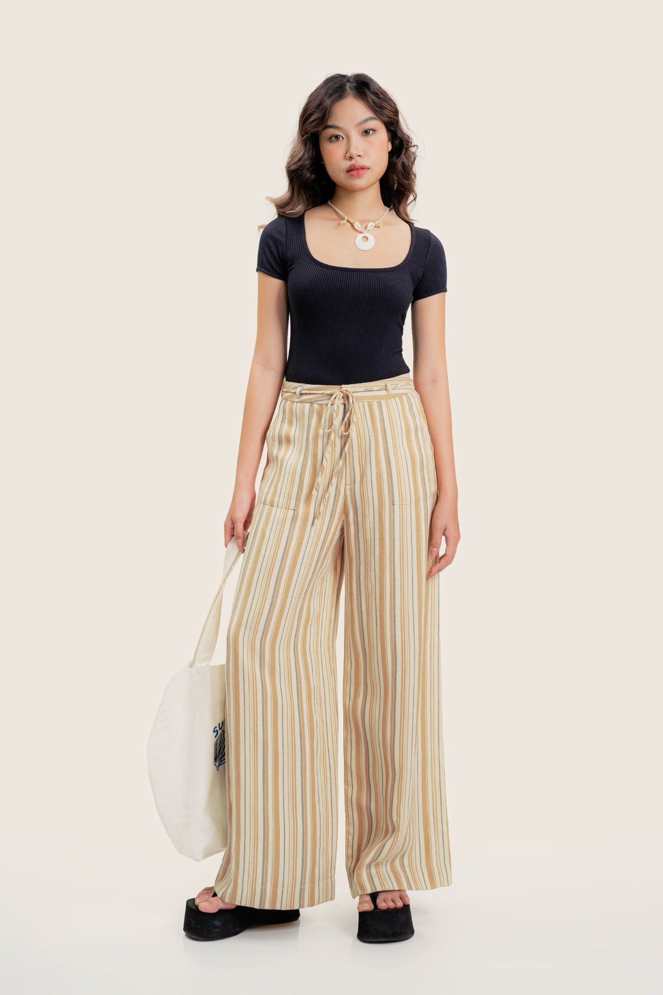 Yellow Striped Straight Leg Trousers With Belt