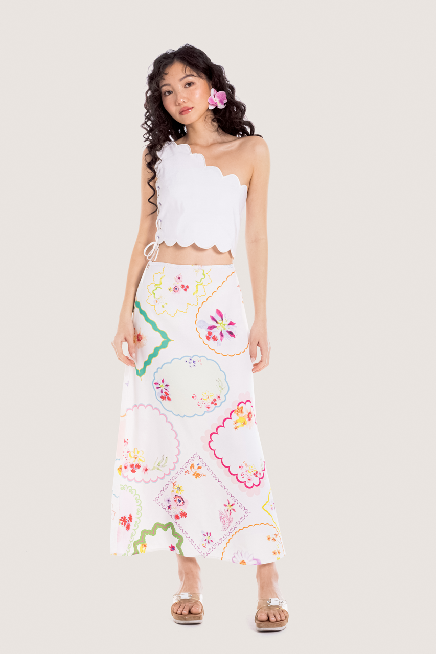  Vintage Floral Printed Silky Midi Skirt 