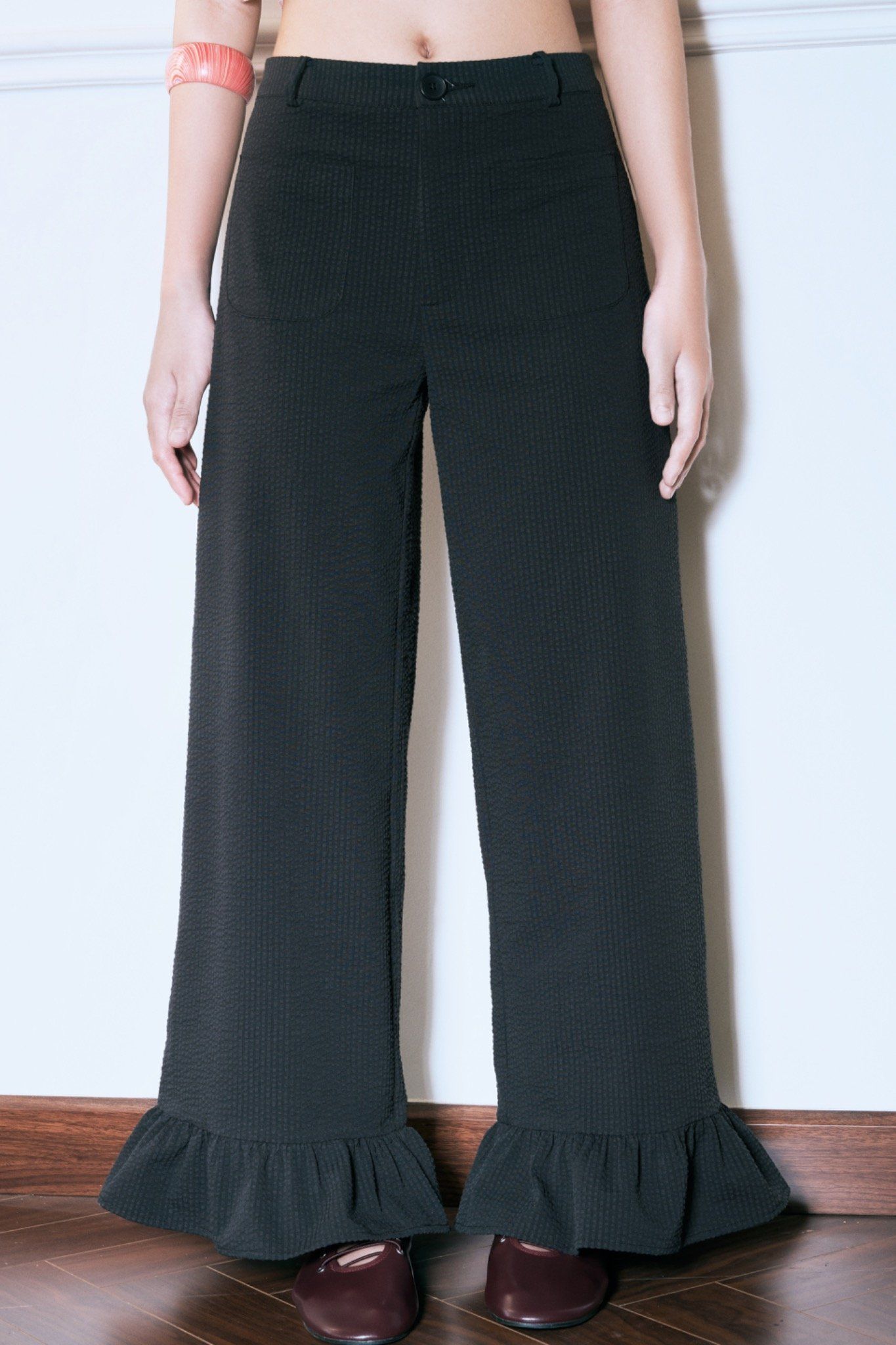  Black Ruffle Hem Trousers 