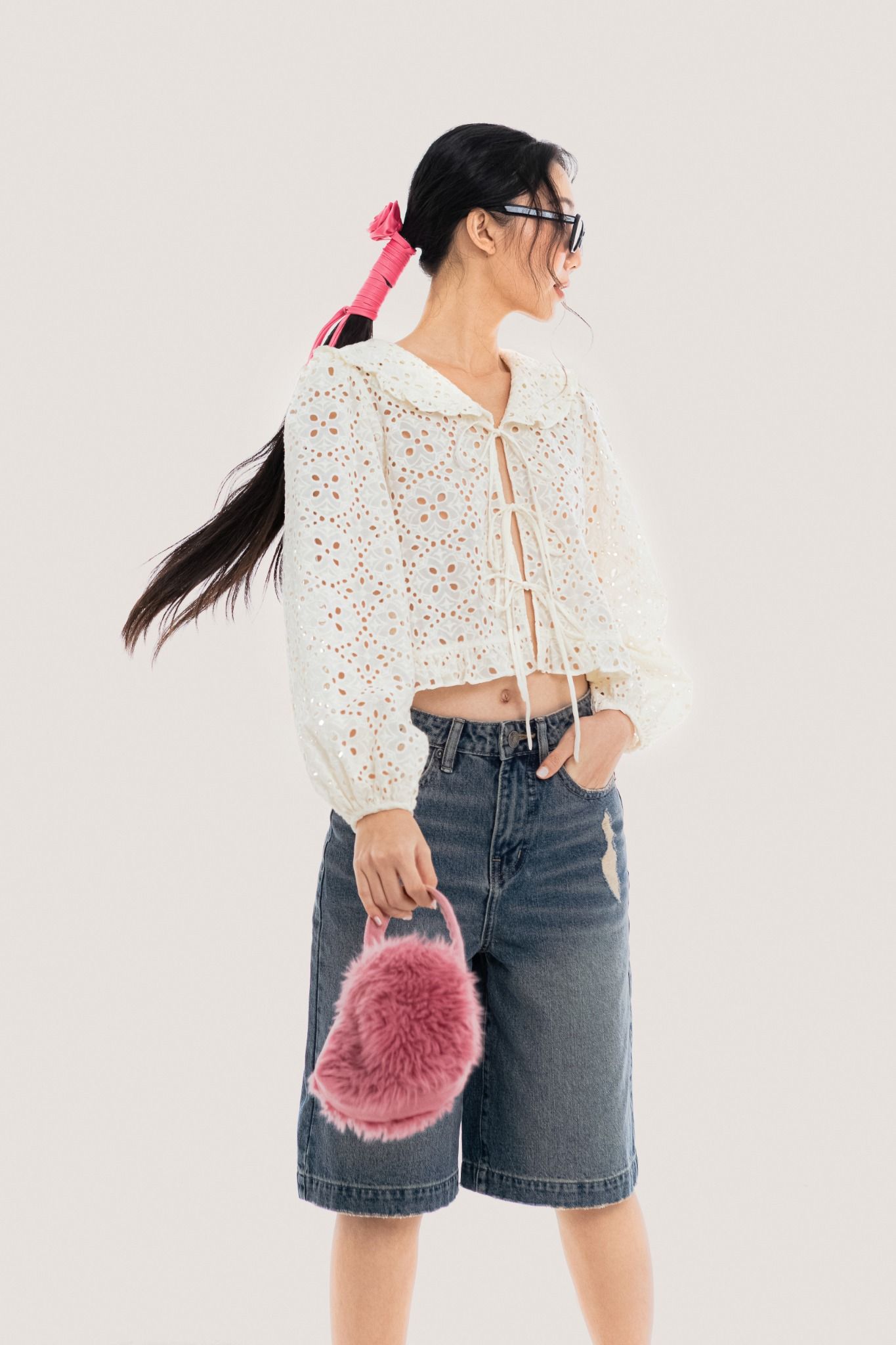  Ivory Bow Tie Puff Sleeves Eyelet Blouse 