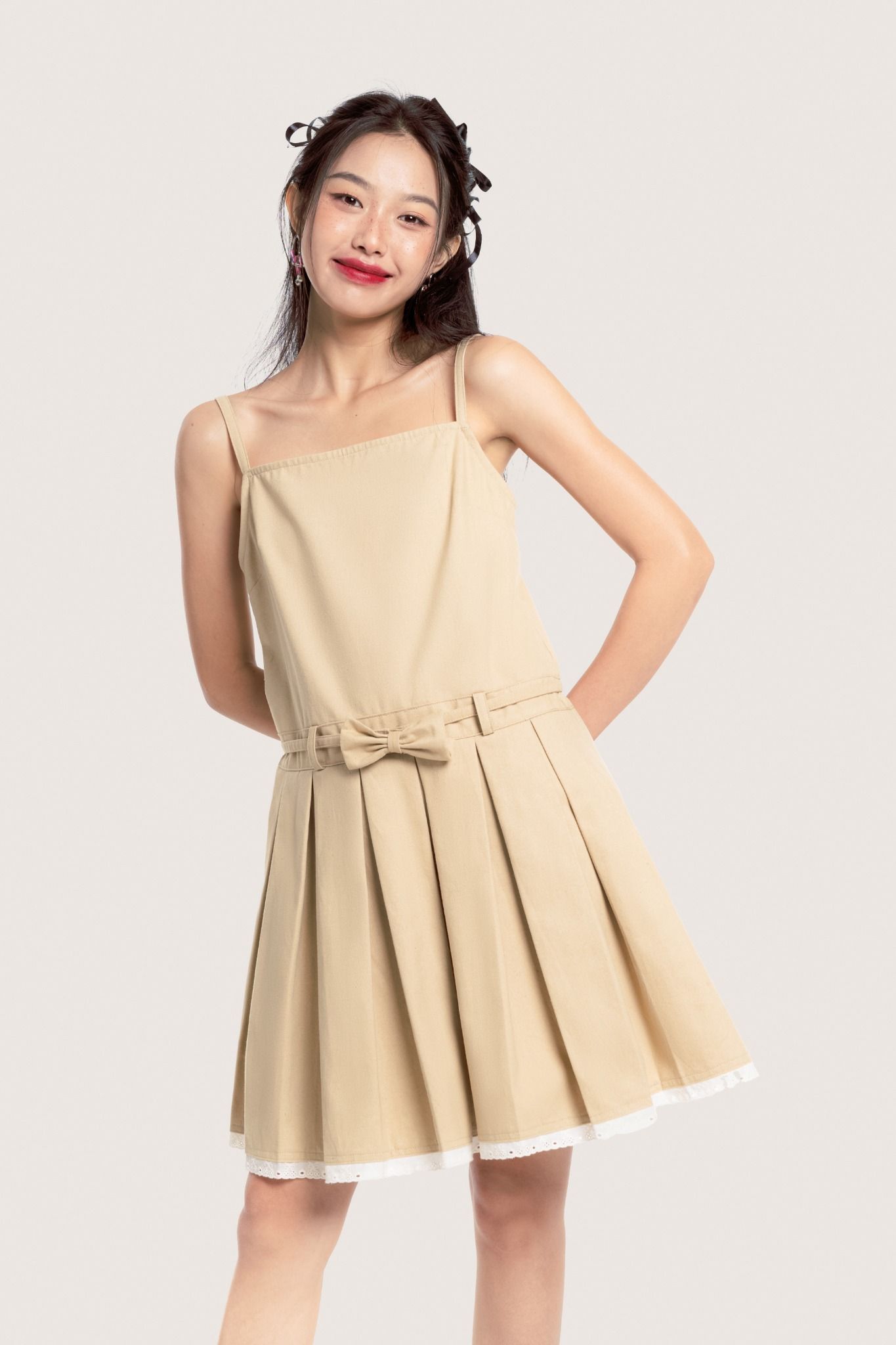  Beige Pleated Lace Trimming Bow Belt Khaki Mini Dress 