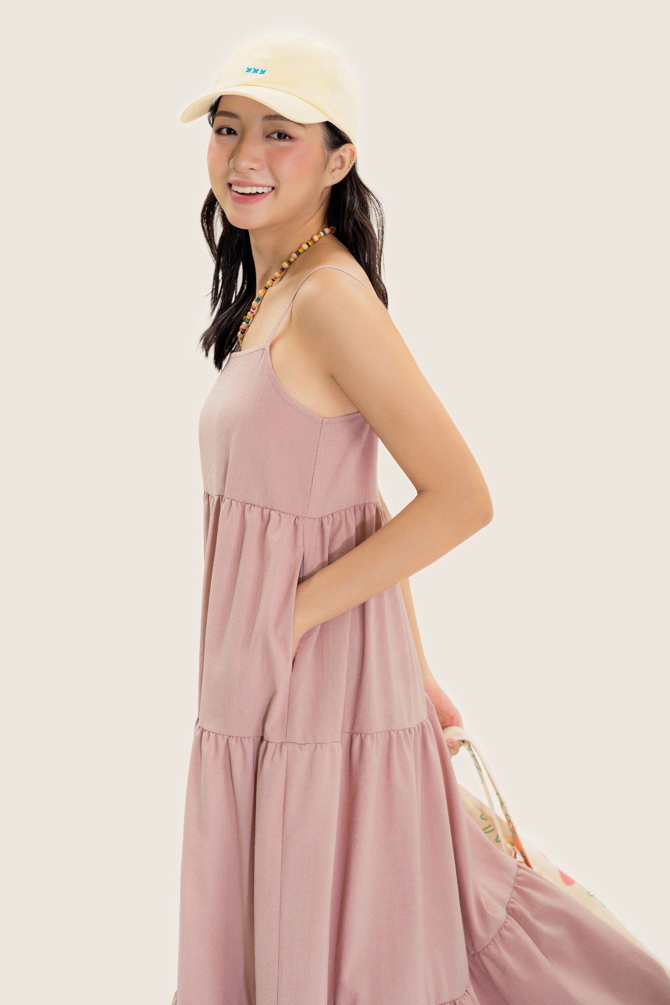  Pink Strappy Tiered Maxi Dress 