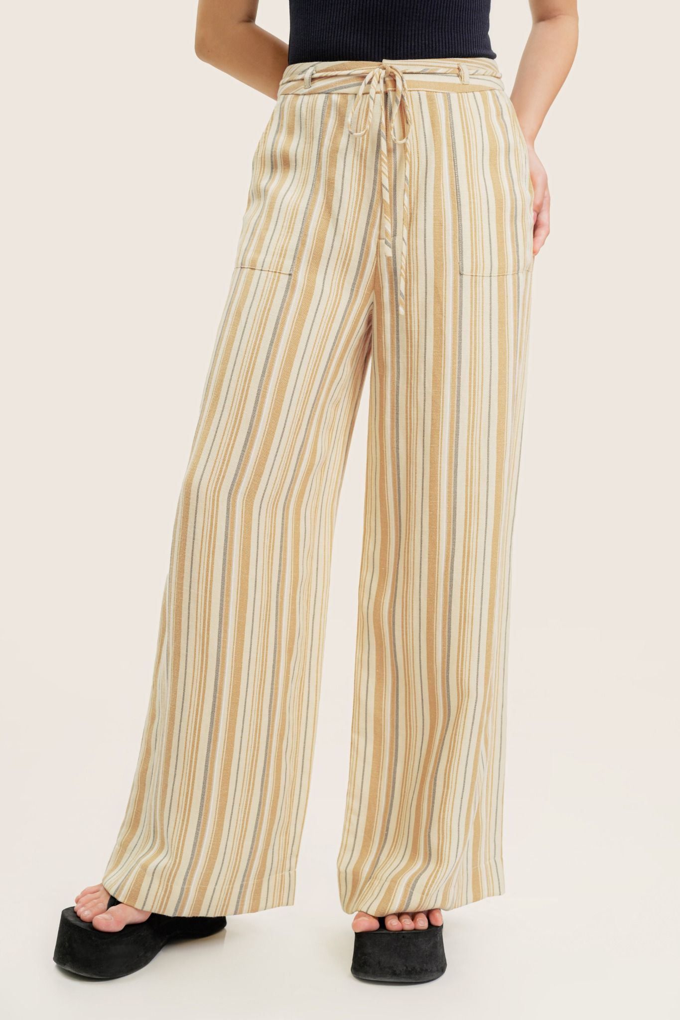  Yellow Striped Straight Leg Trousers With Belt 