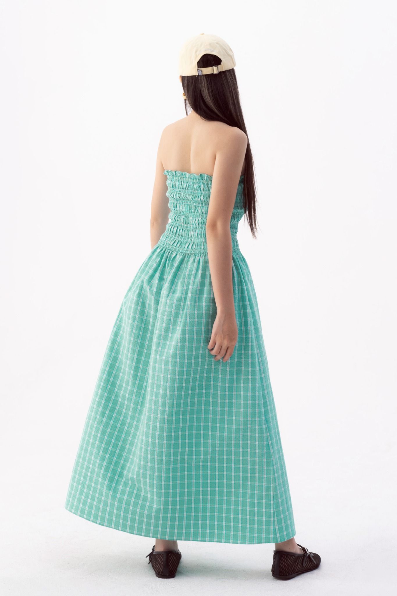  Neon Teal Checked Smock Midi Dress 