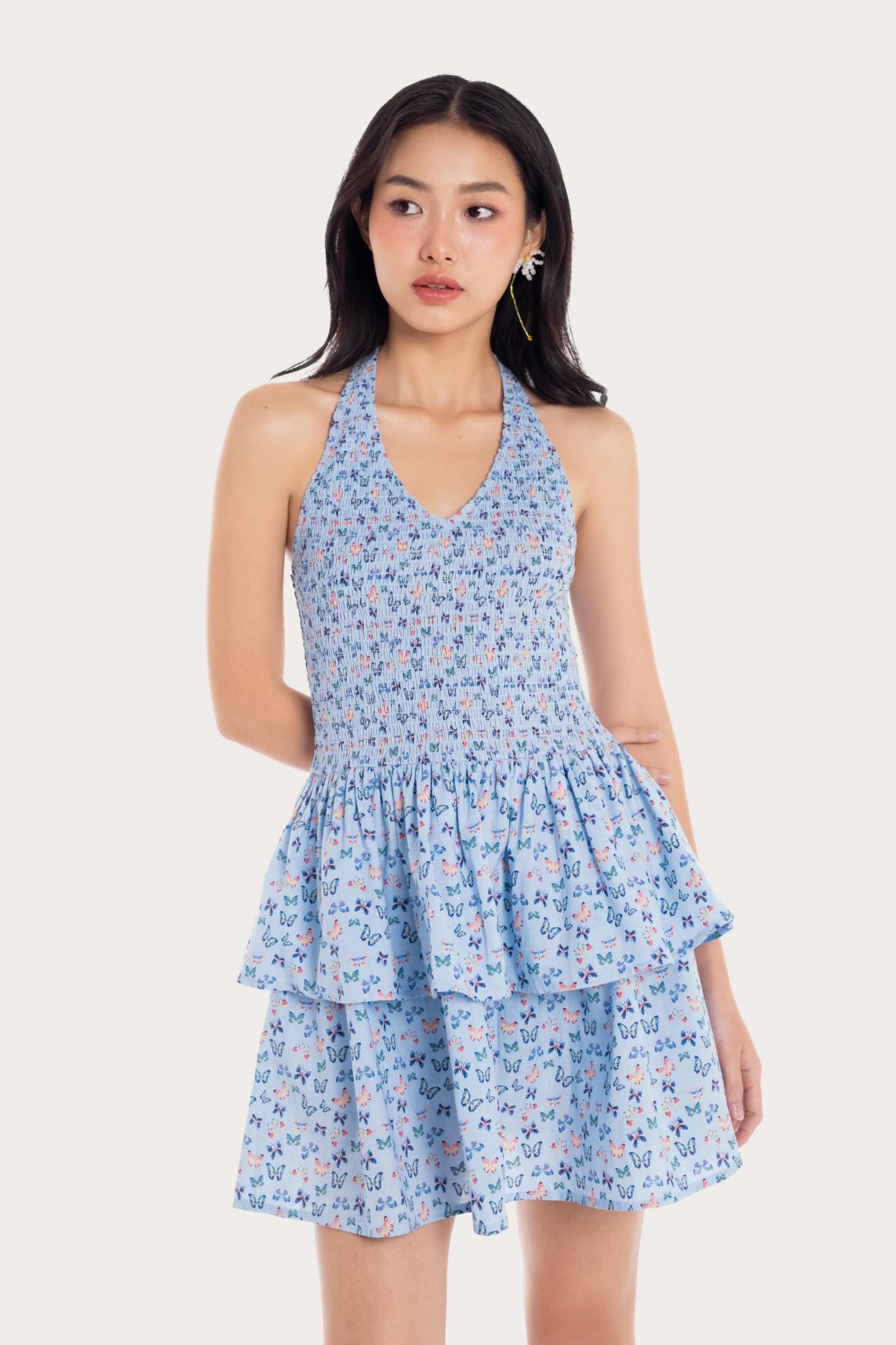  Blue Butterfly Printed Smock Tiered Mini Dress 