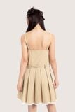  Đầm ngắn - Beige Pleated Lace Trimming Bow Belt Khaki Mini Dress - LIBÉ 5610 