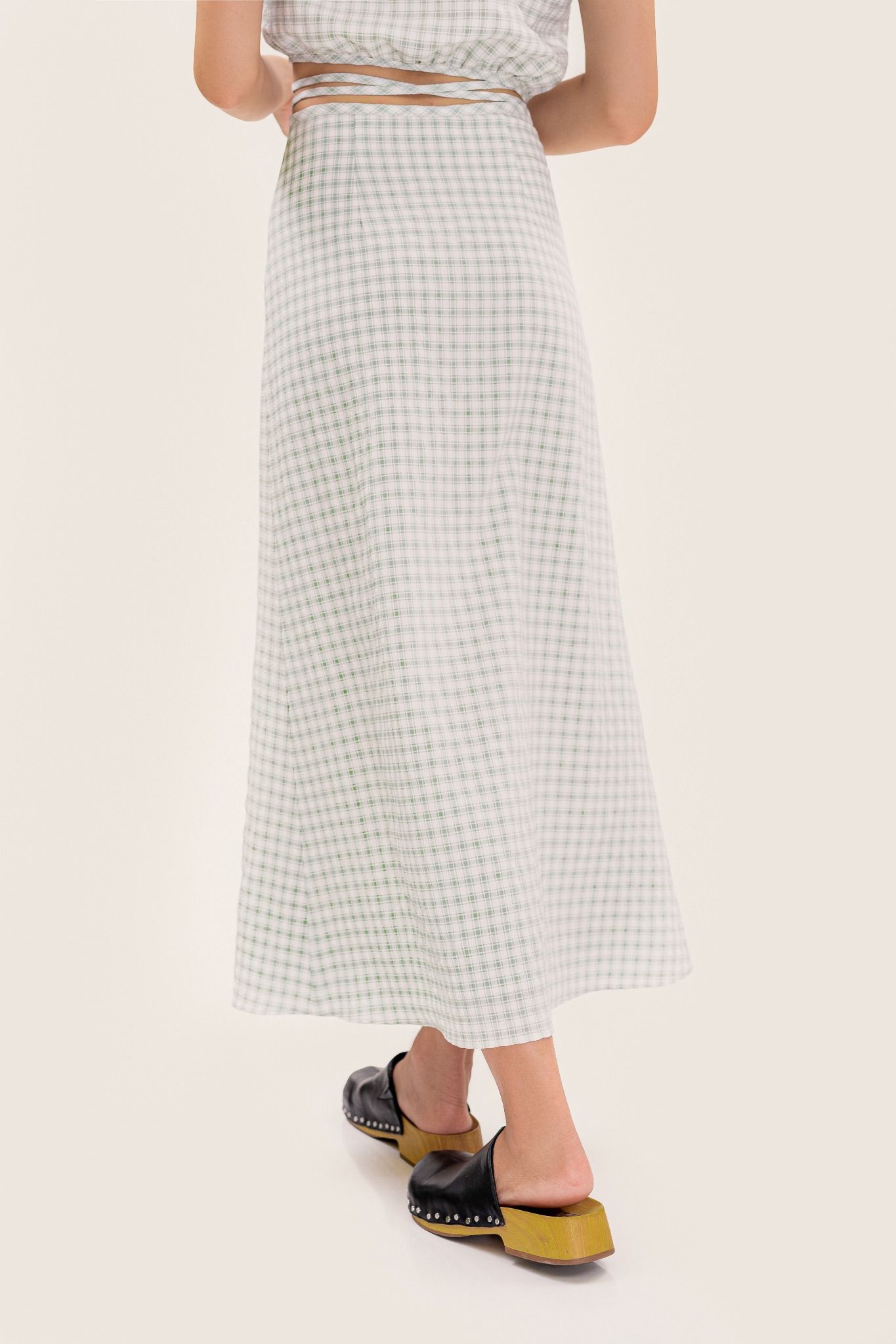  Green Checked A-line Midi Skirt 