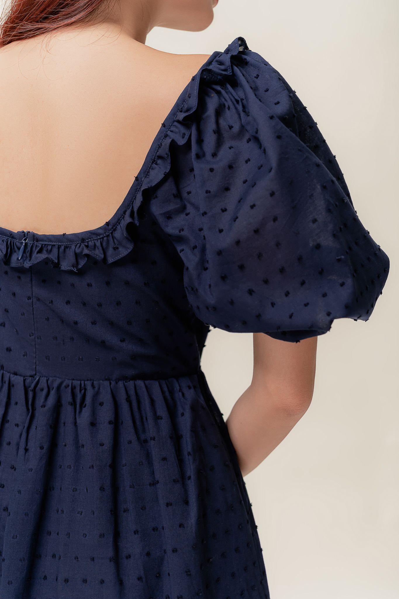  Navy Puff Sleeve Dotted Mini Dress 
