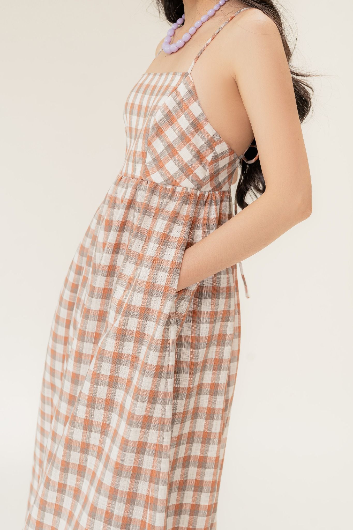  Checked Openback Midi Dress 