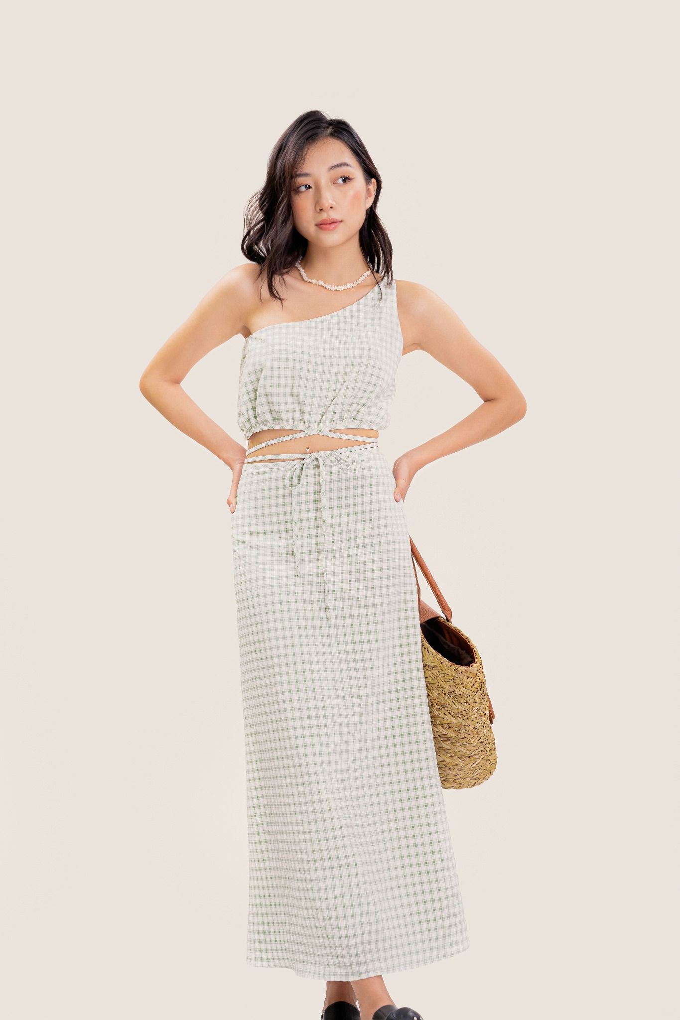  Green Checked A-line Midi Skirt 