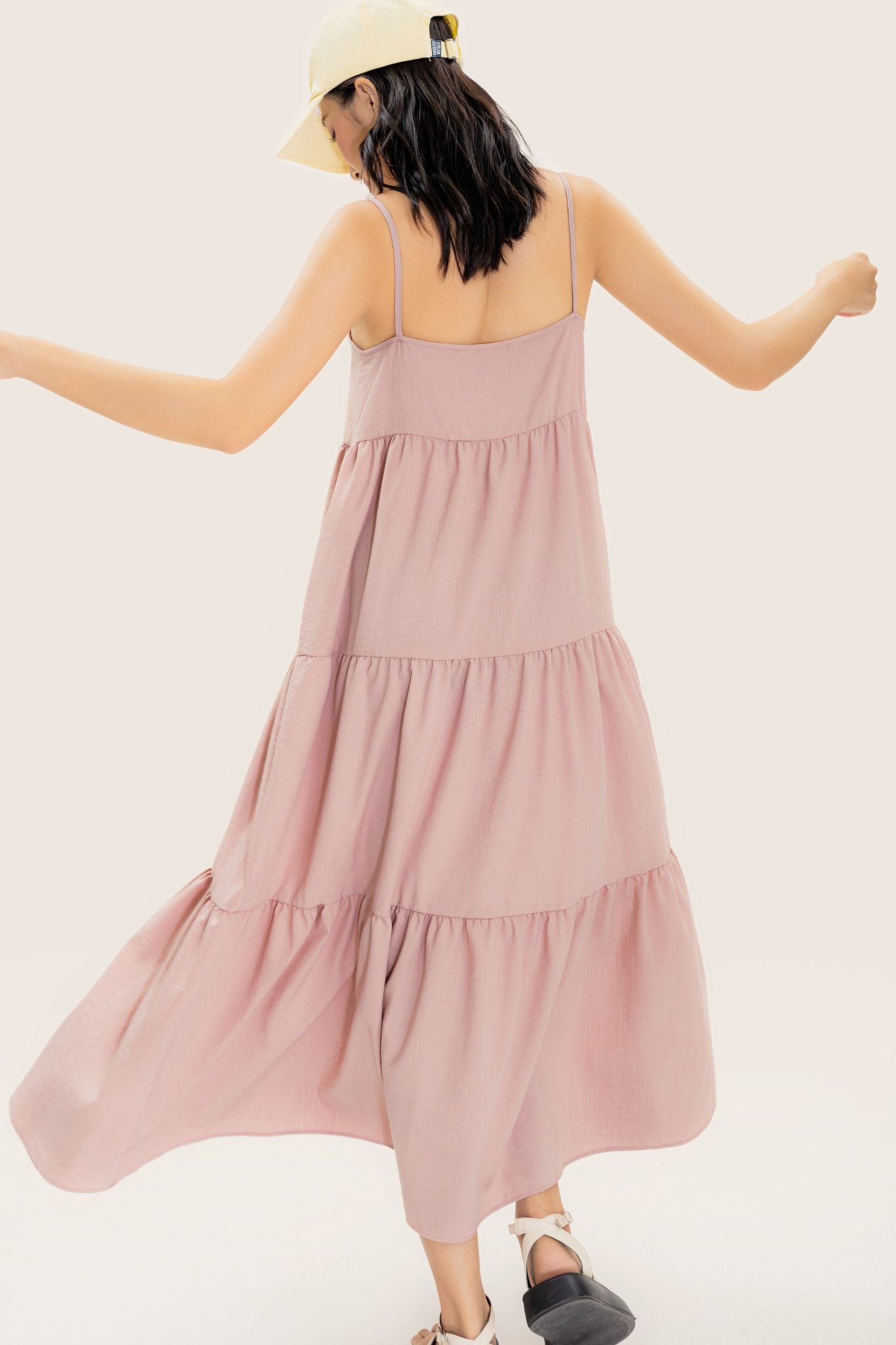  Pink Strappy Tiered Maxi Dress 