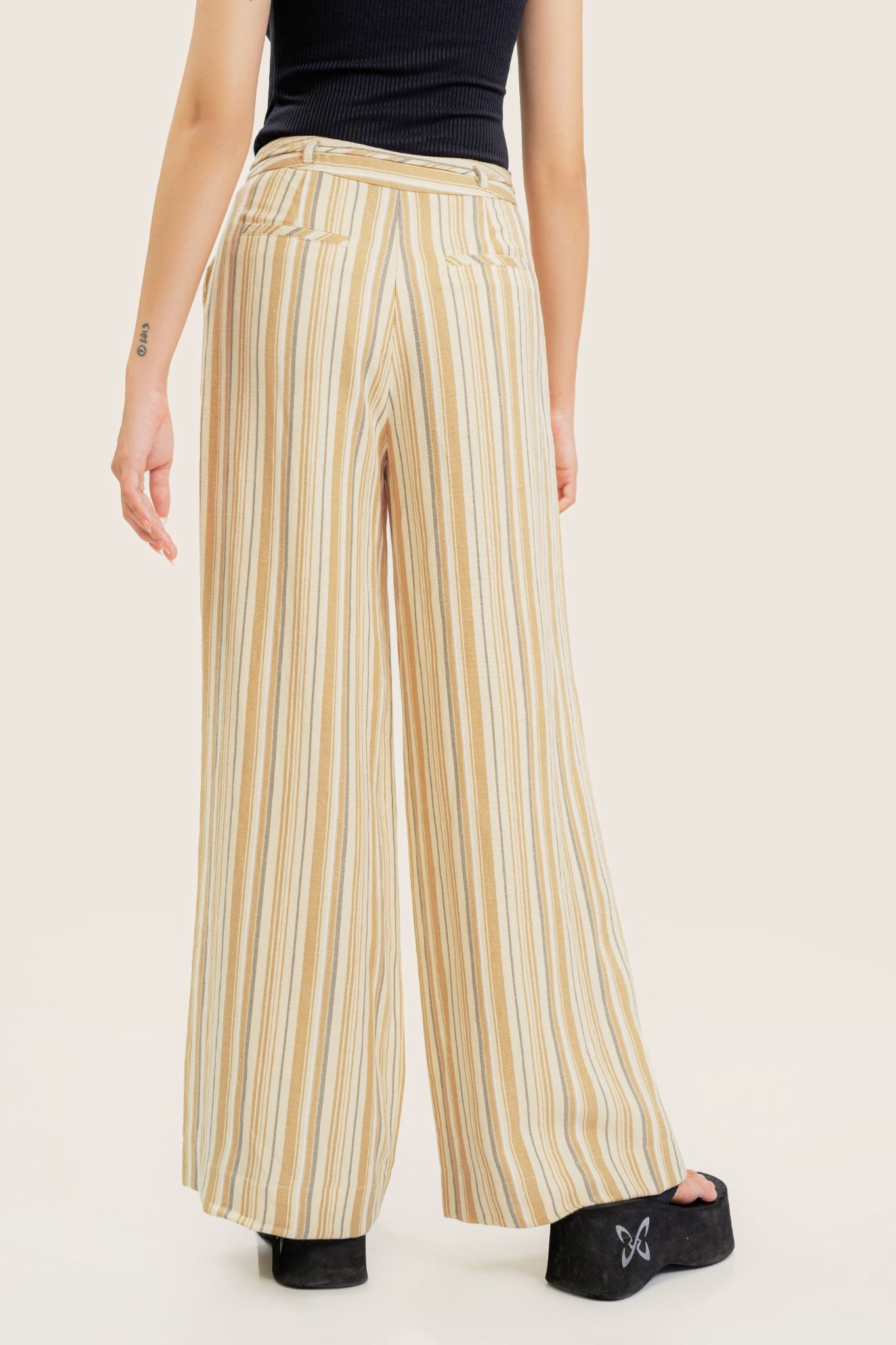  Yellow Striped Straight Leg Trousers With Belt 