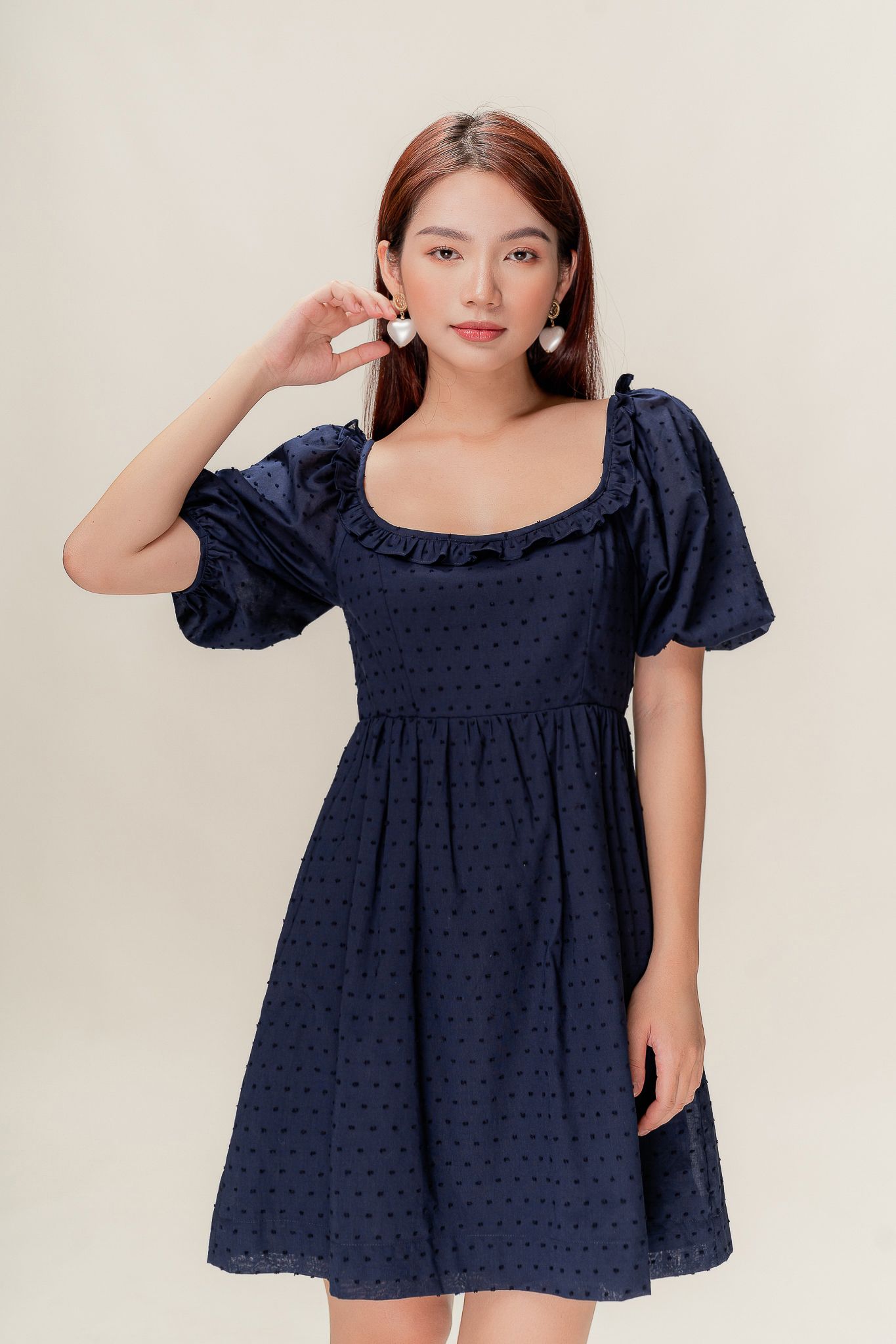  Navy Puff Sleeve Dotted Mini Dress 