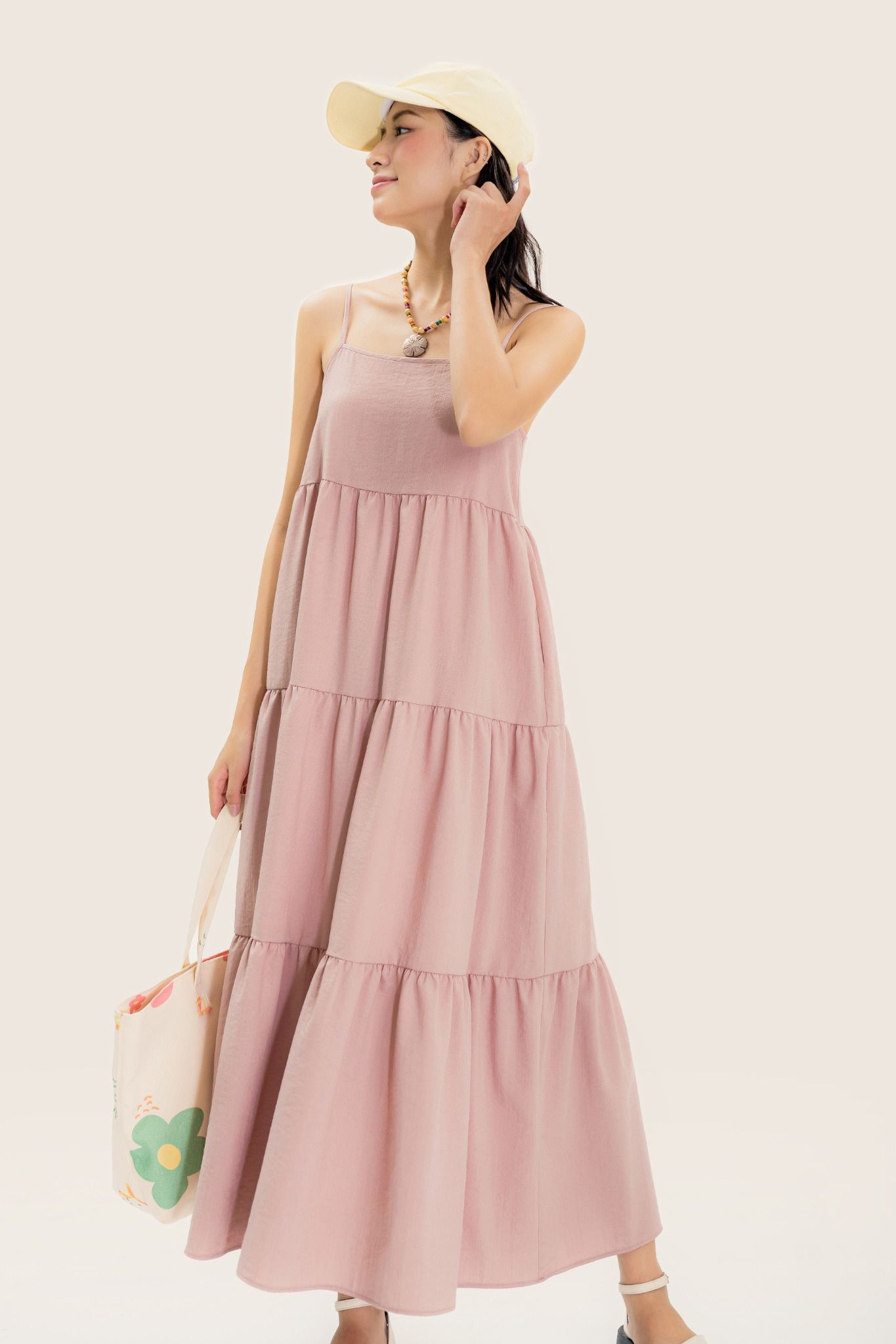  Pink Strappy Tiered Maxi Dress 