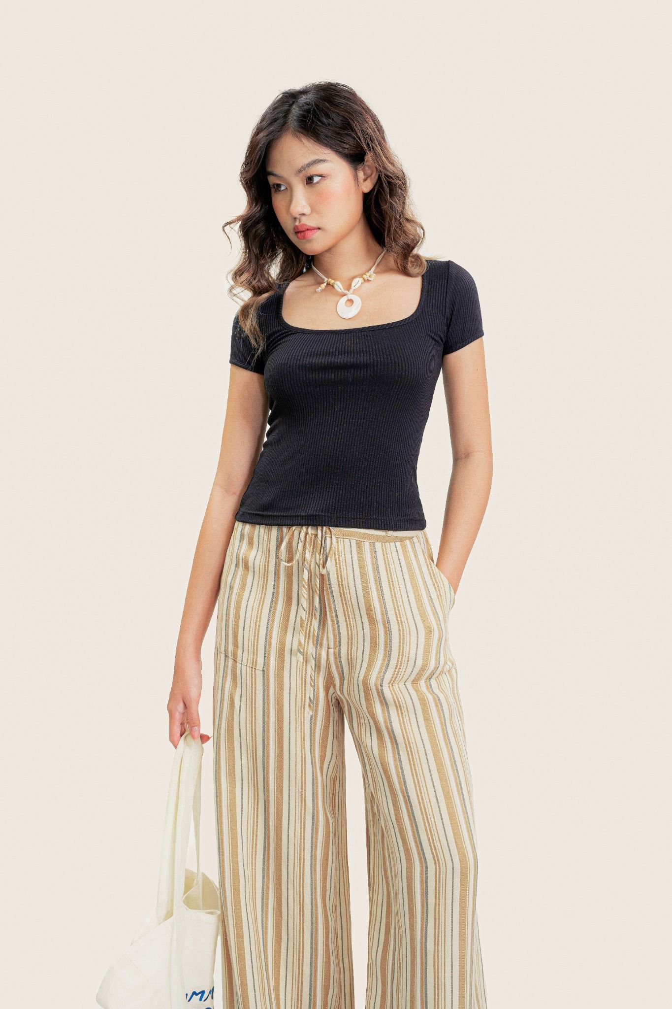  Yellow Striped Straight Leg Trousers With Belt 