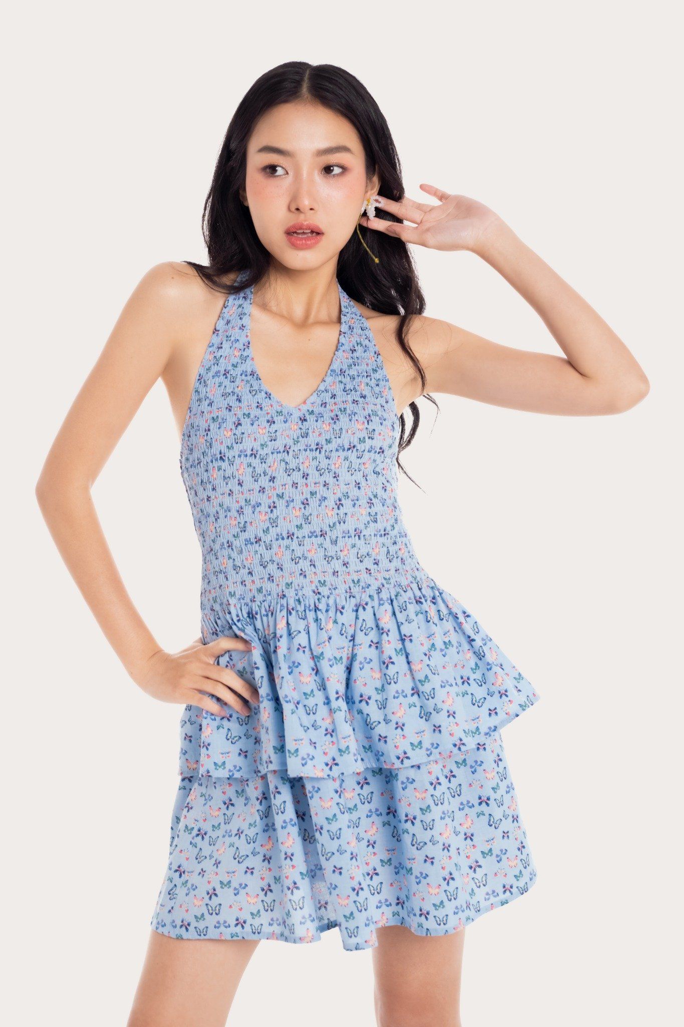  Blue Butterfly Printed Smock Tiered Mini Dress 