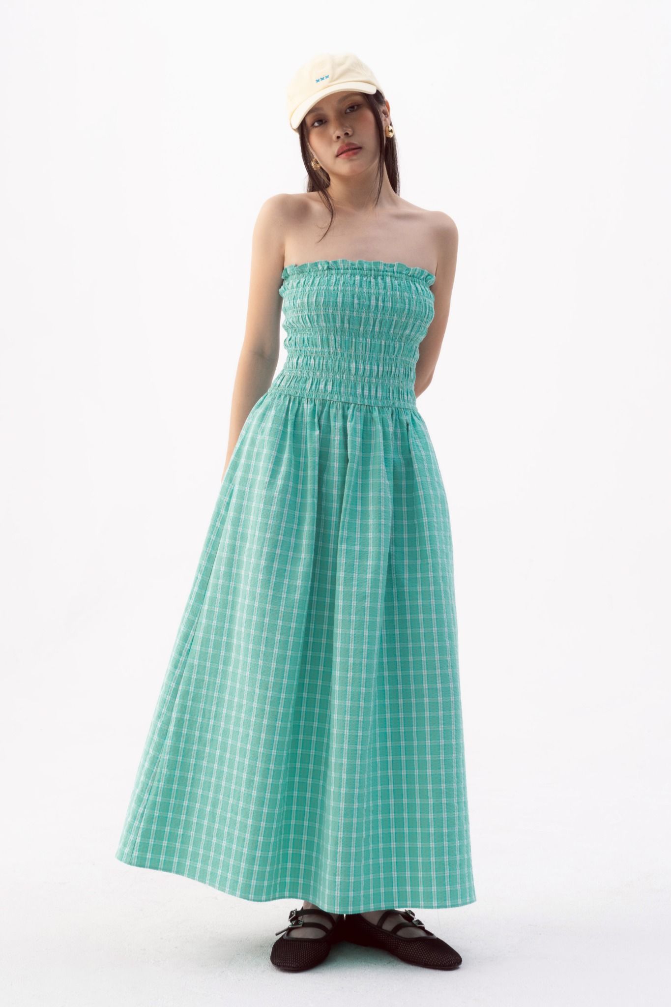  Neon Teal Checked Smock Midi Dress 