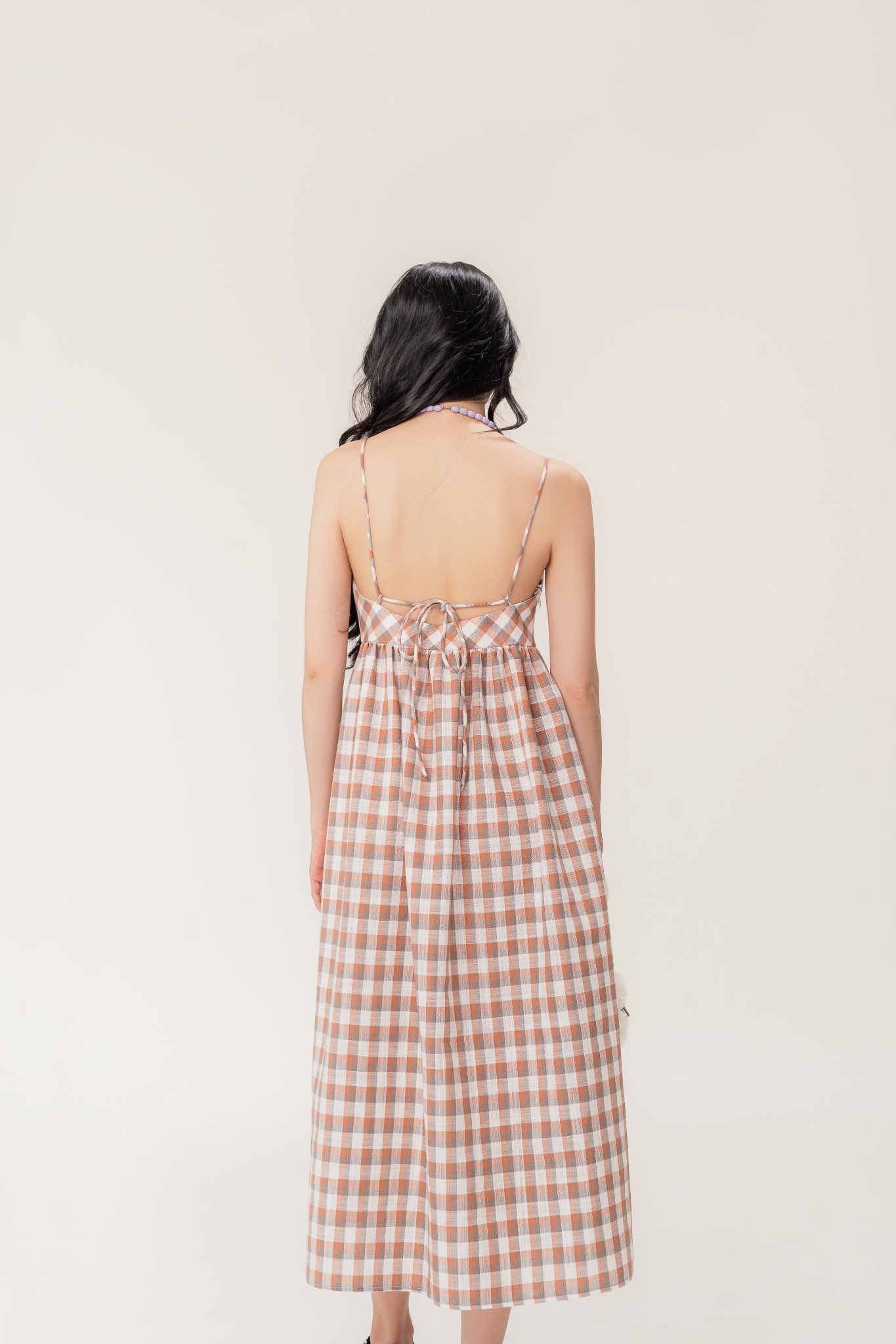  Checked Openback Midi Dress 