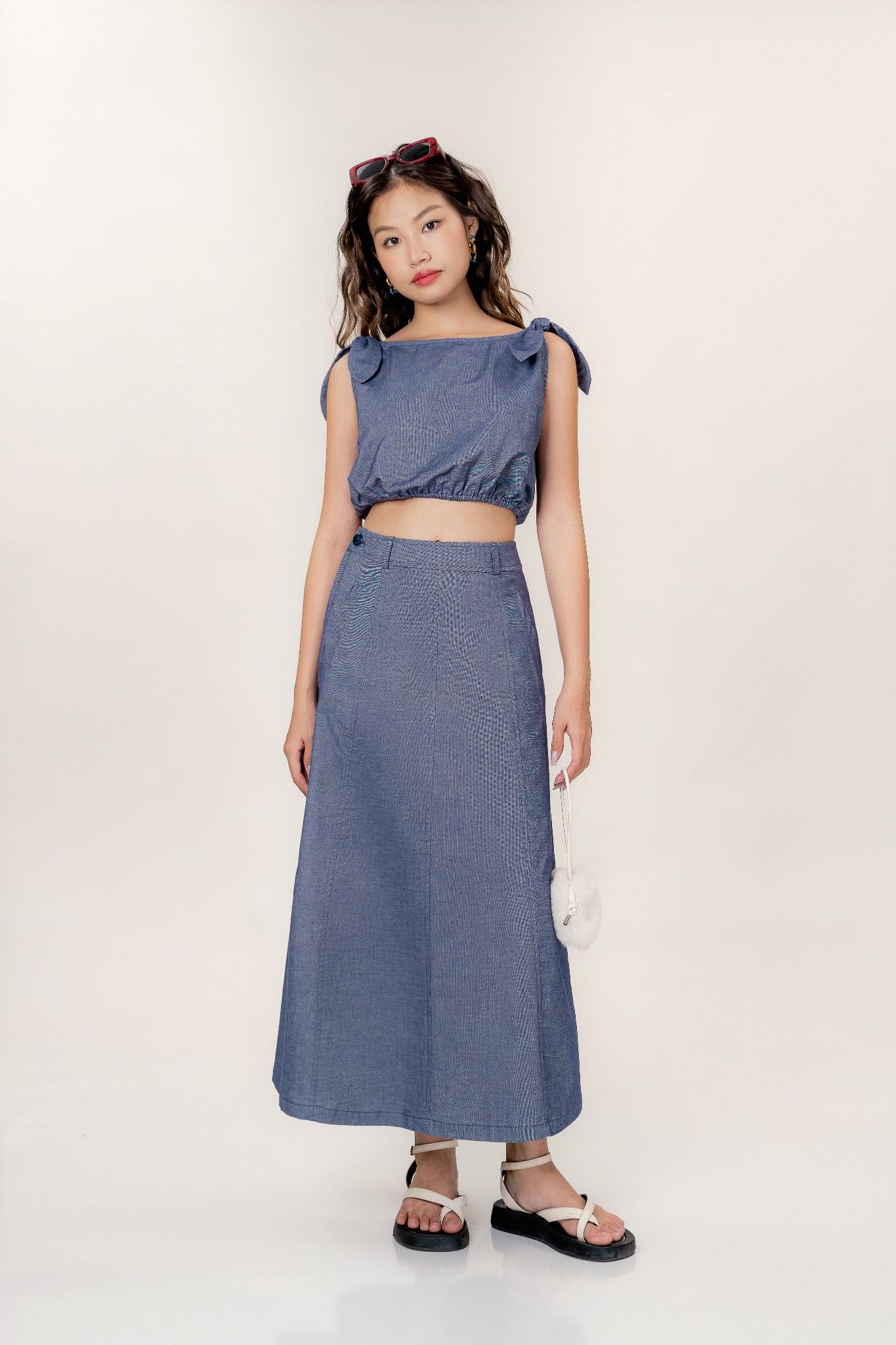  Blue Shoulder Tie Detail Crop Top 