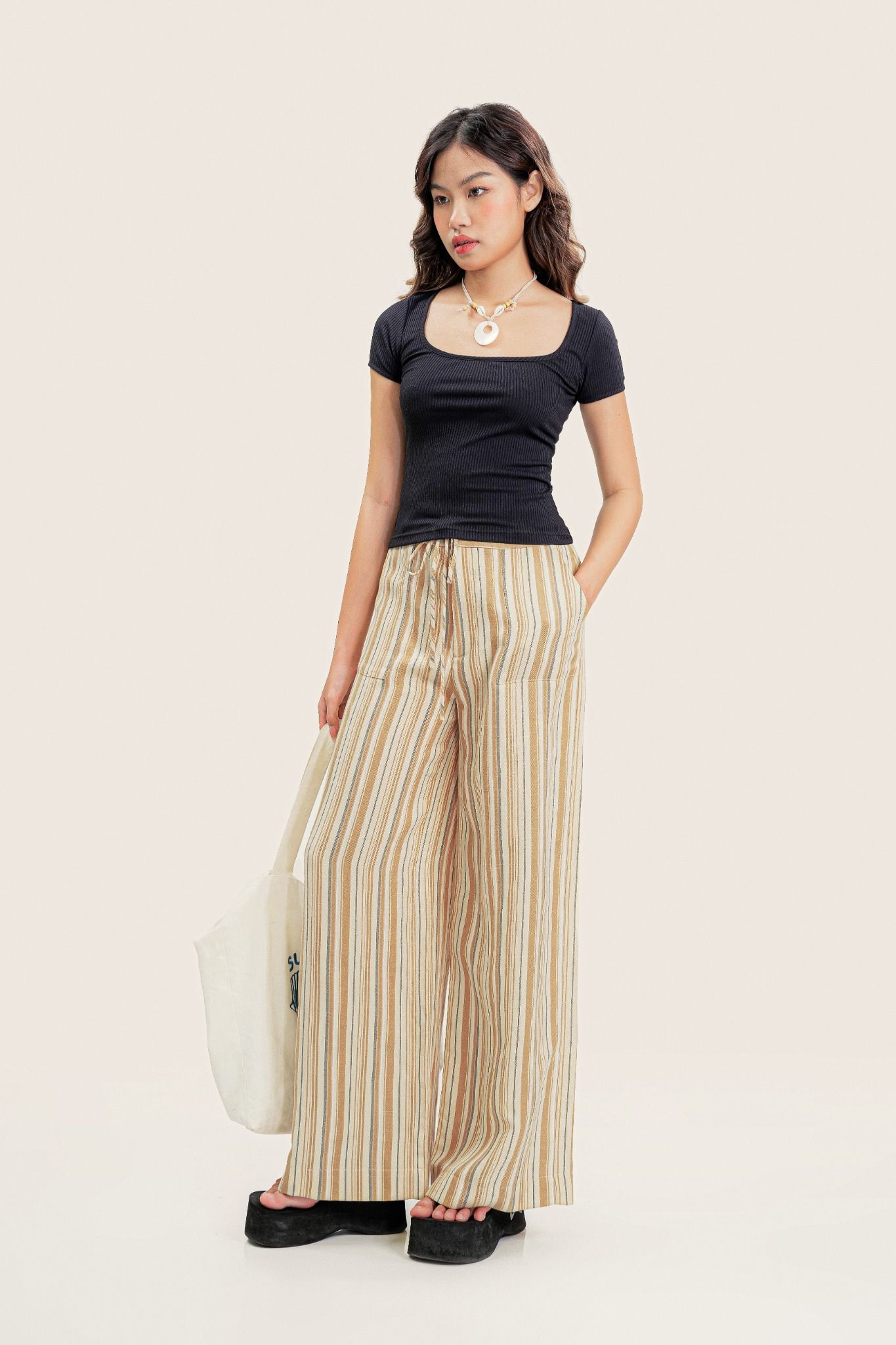  Yellow Striped Straight Leg Trousers With Belt 