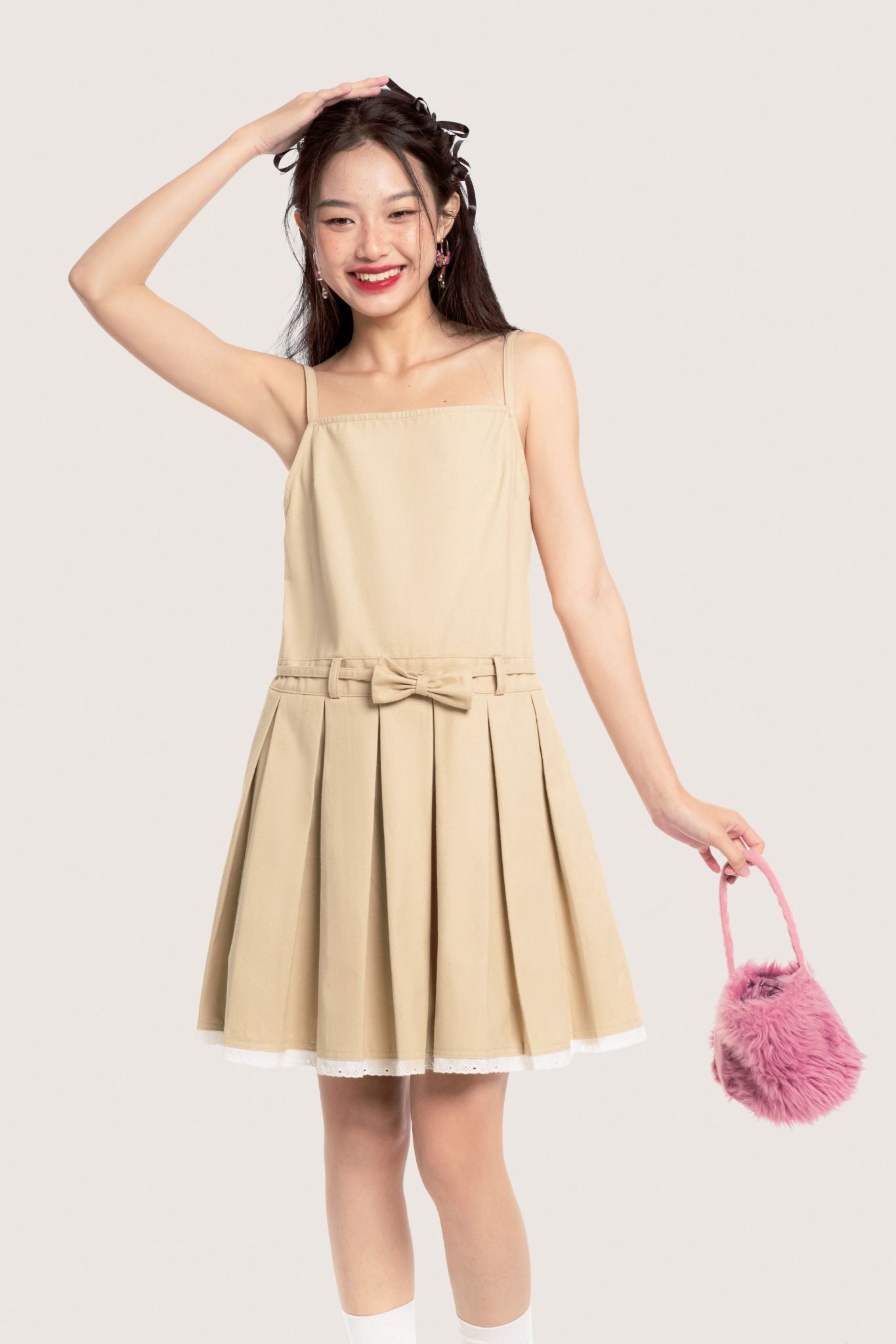  Beige Pleated Lace Trimming Bow Belt Khaki Mini Dress 