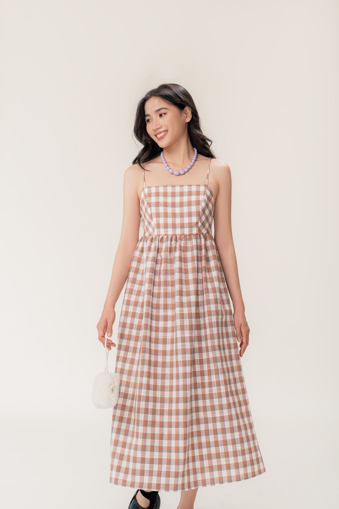  Checked Openback Midi Dress 