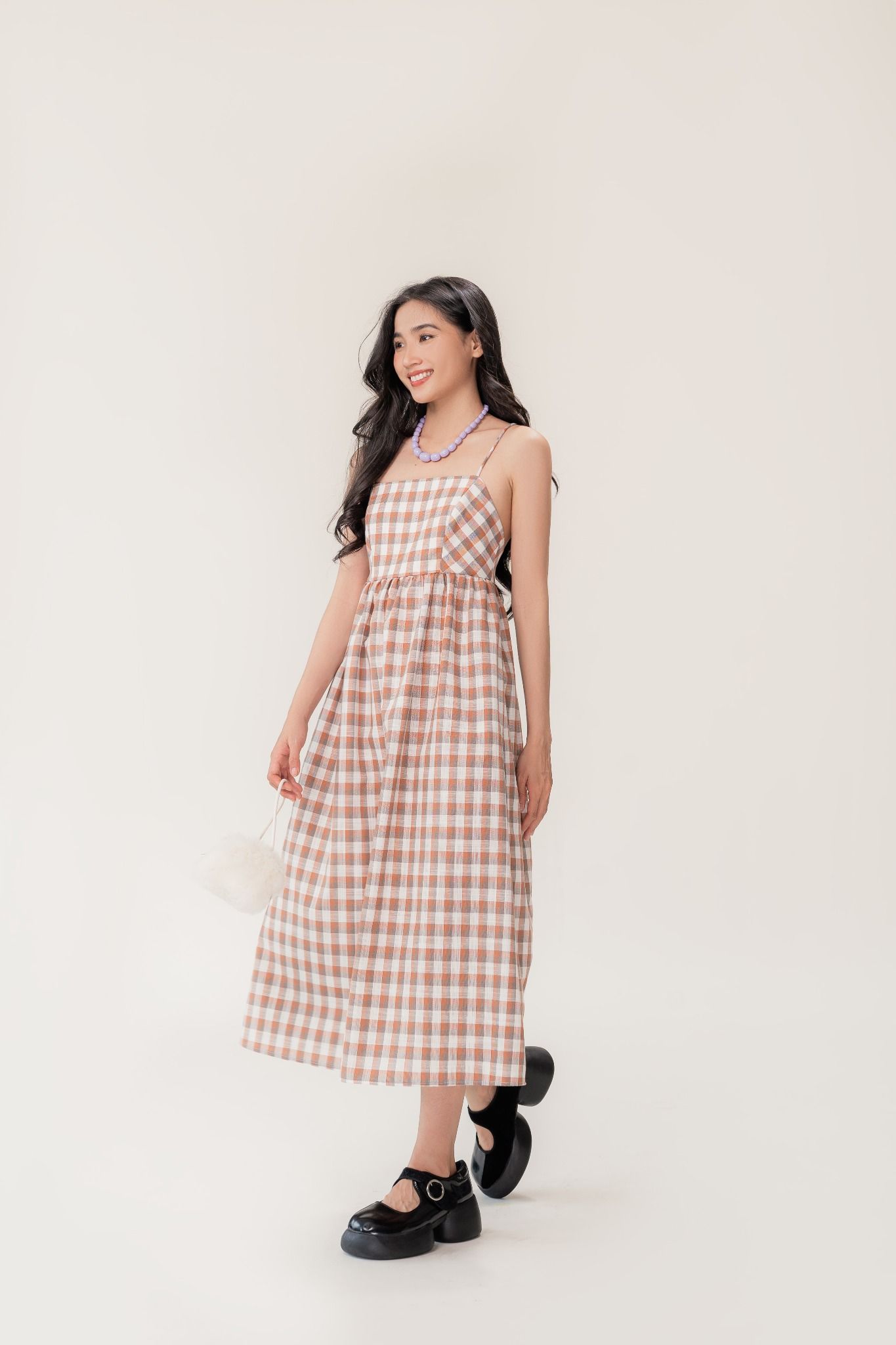  Checked Openback Midi Dress 