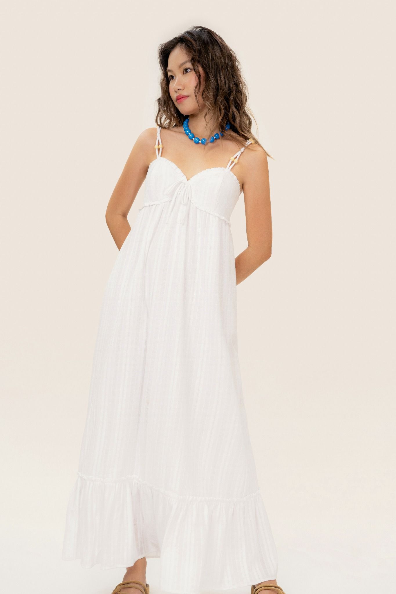  White Wooden Beads Strap Maxi Dress 