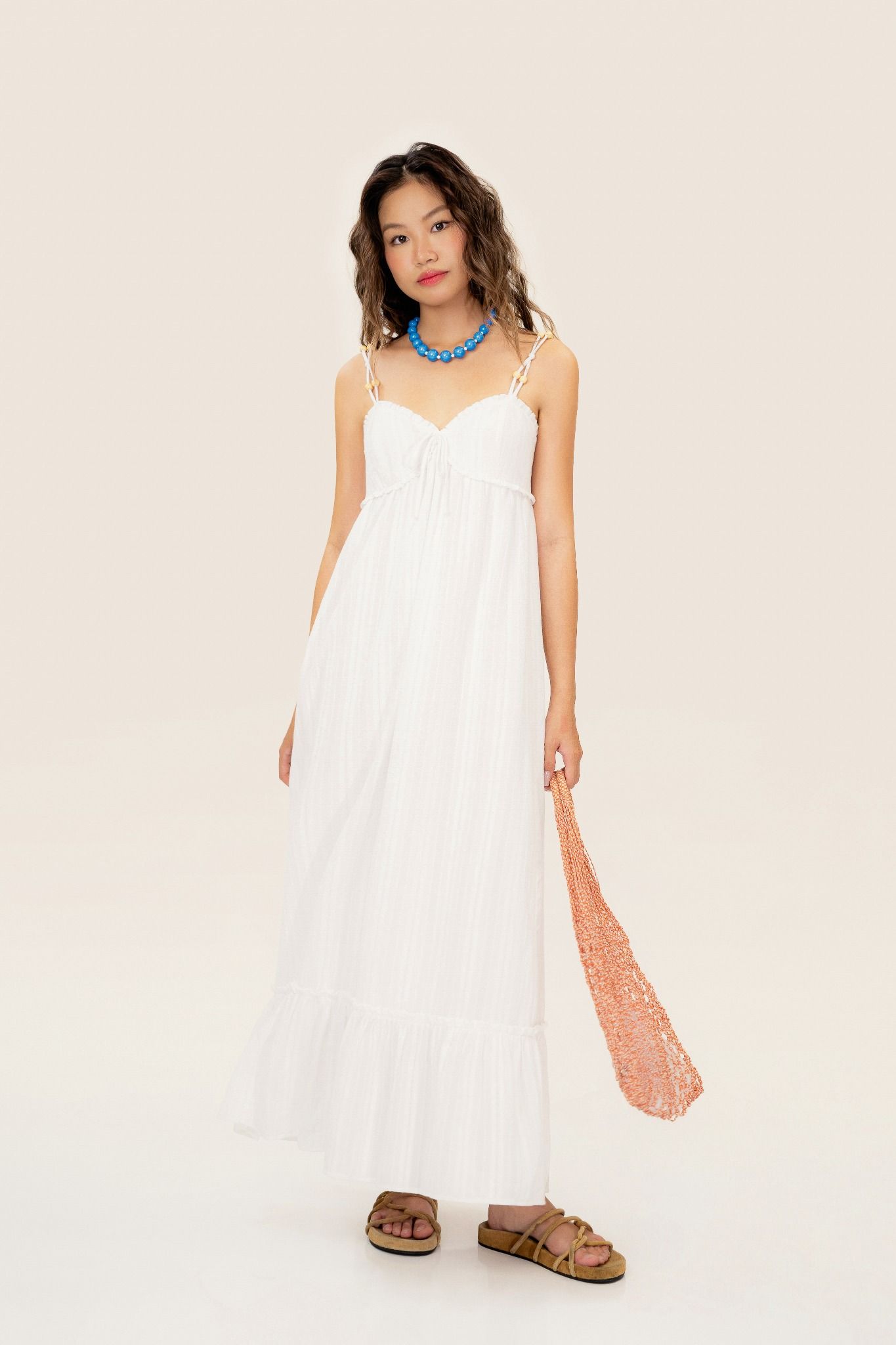  White Wooden Beads Strap Maxi Dress 