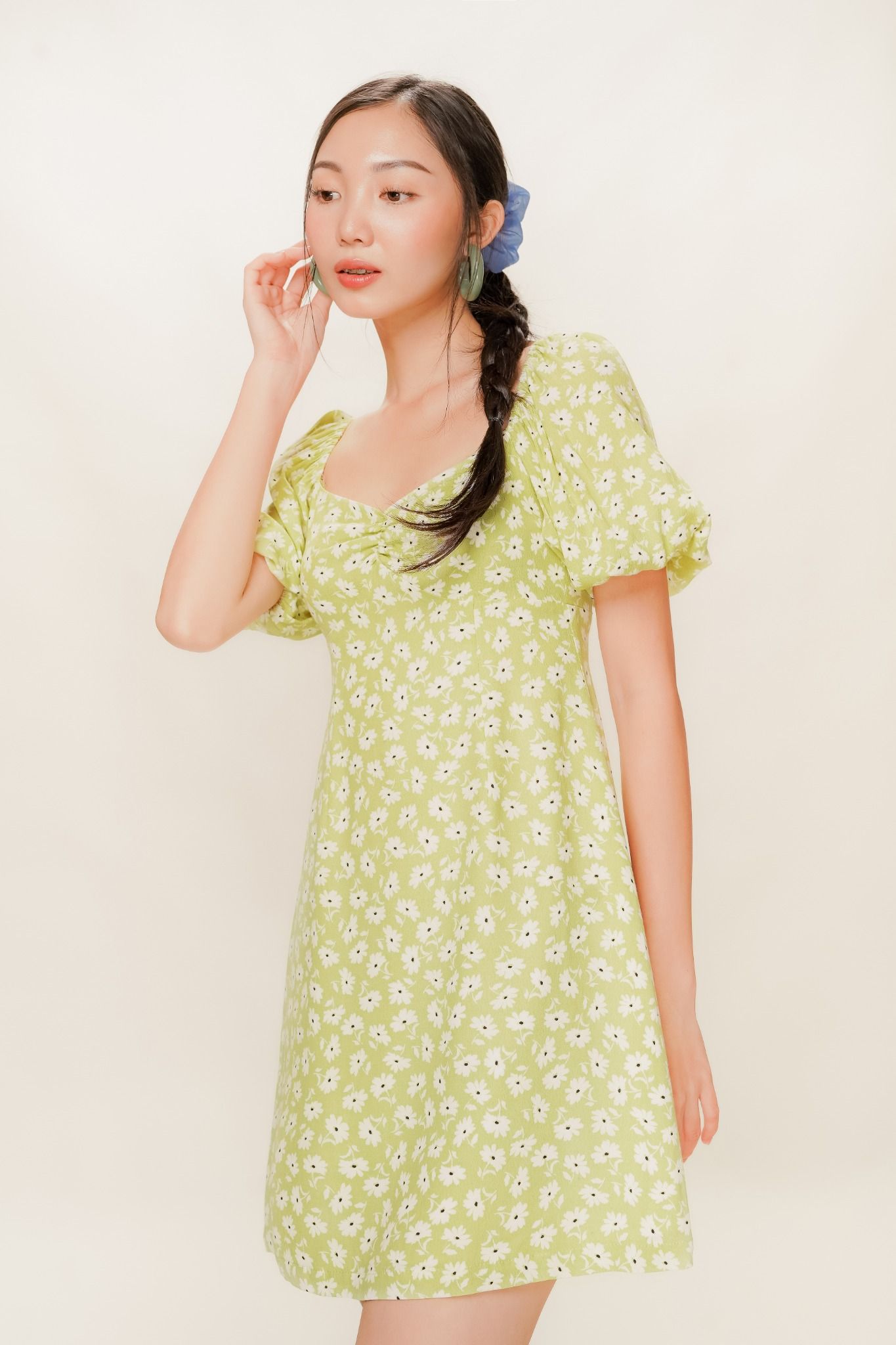  Pear Green Floral Print Mini Dress 