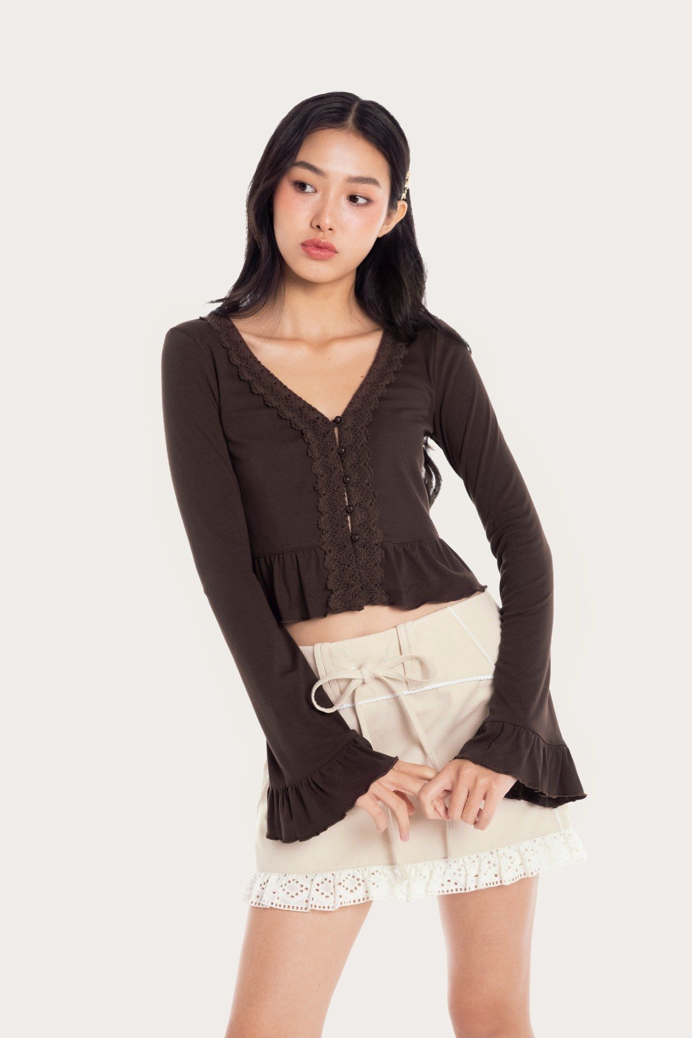  Brown Ruffle Long-Flared Sleeves Top 