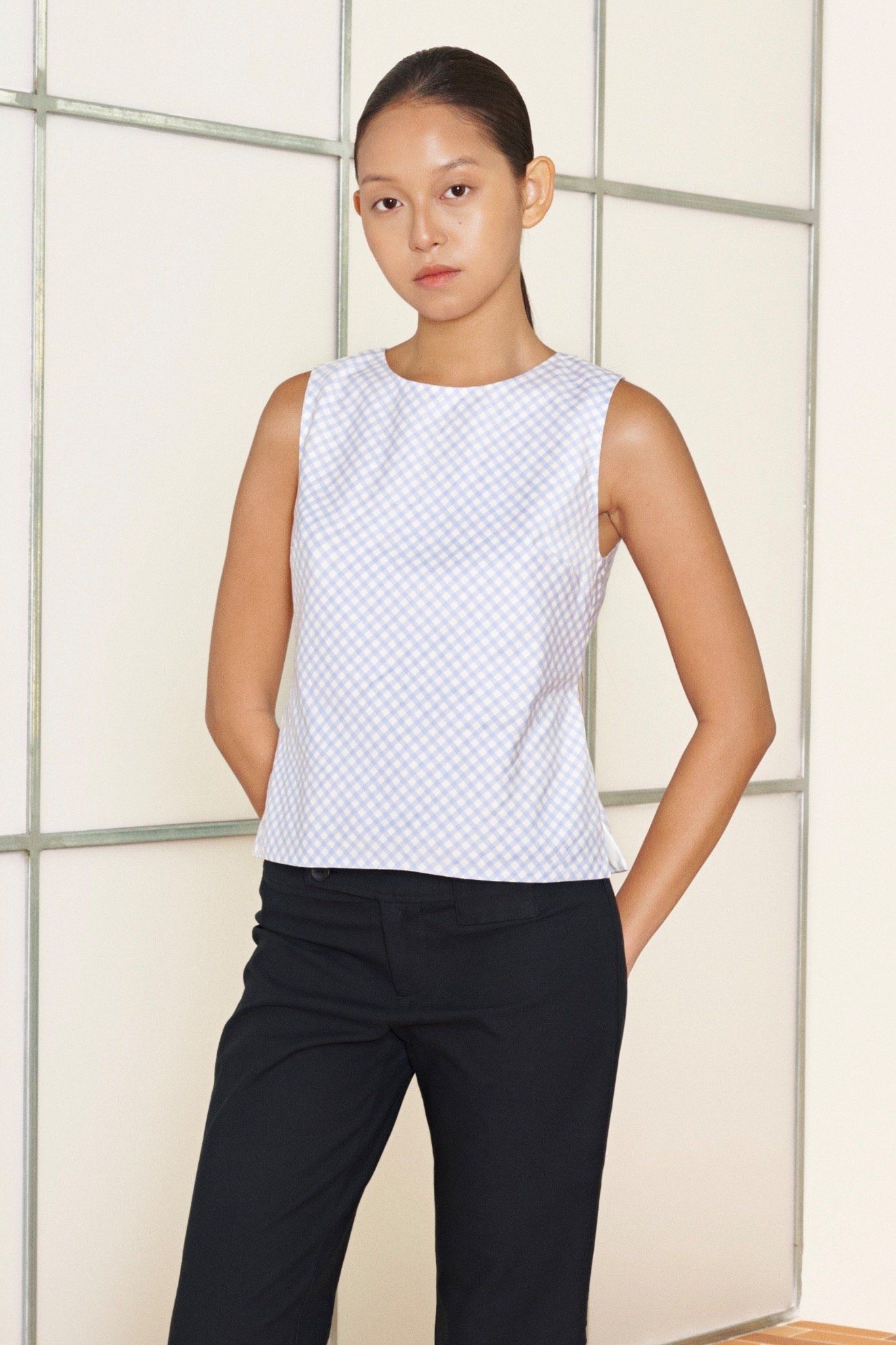  Blue Checked Sleeveless Top 