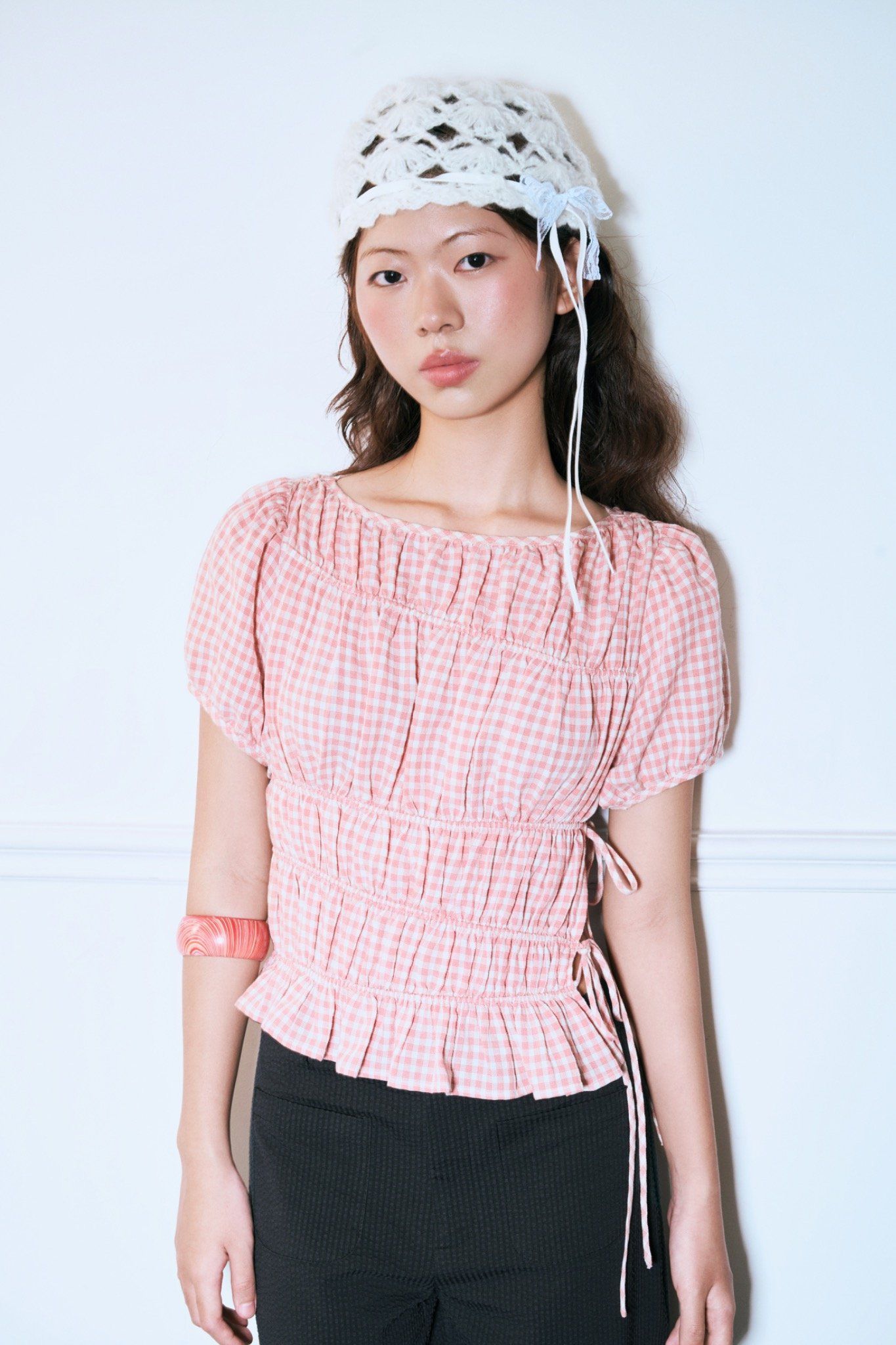  Checked Ruched Top 