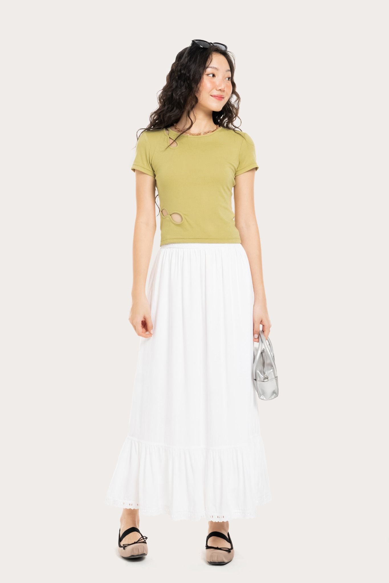  White Tiered Lace Hem Midi Skirt 